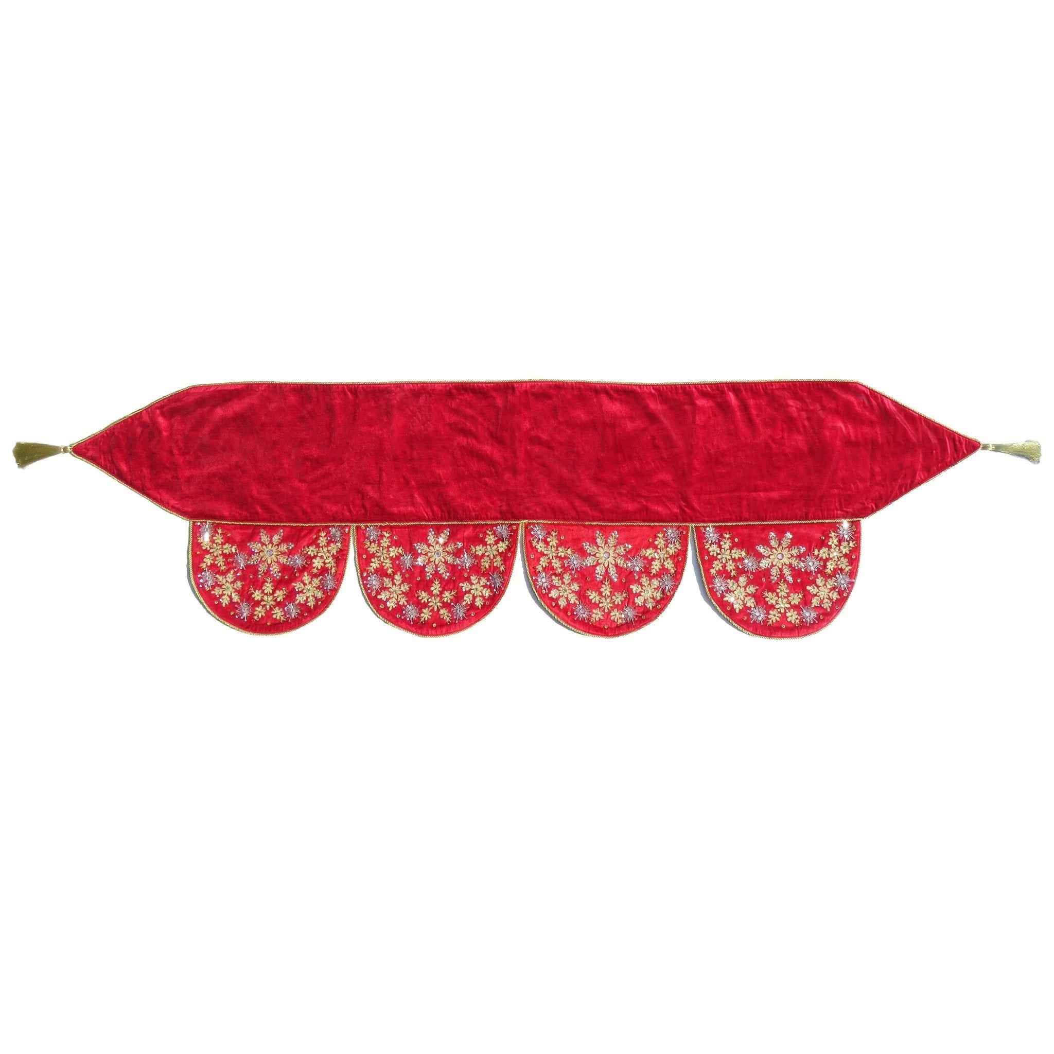 Red Velvet Mantel Scarf Hand Beading And Crewel Embroidery - 72"