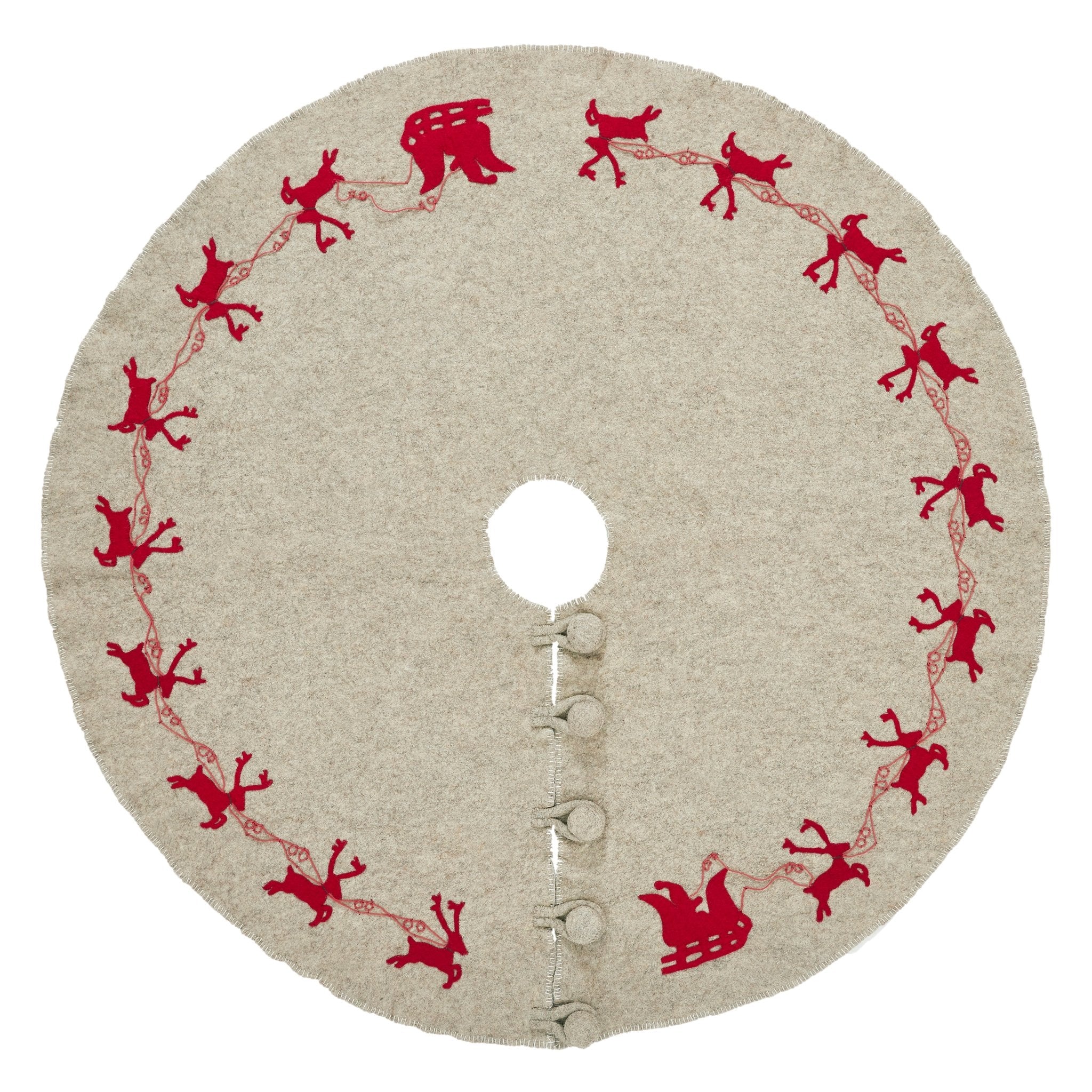 Reindeer Tree Skirt- Grey With Red Reindeer And Cream Whip Stitch-72"-
