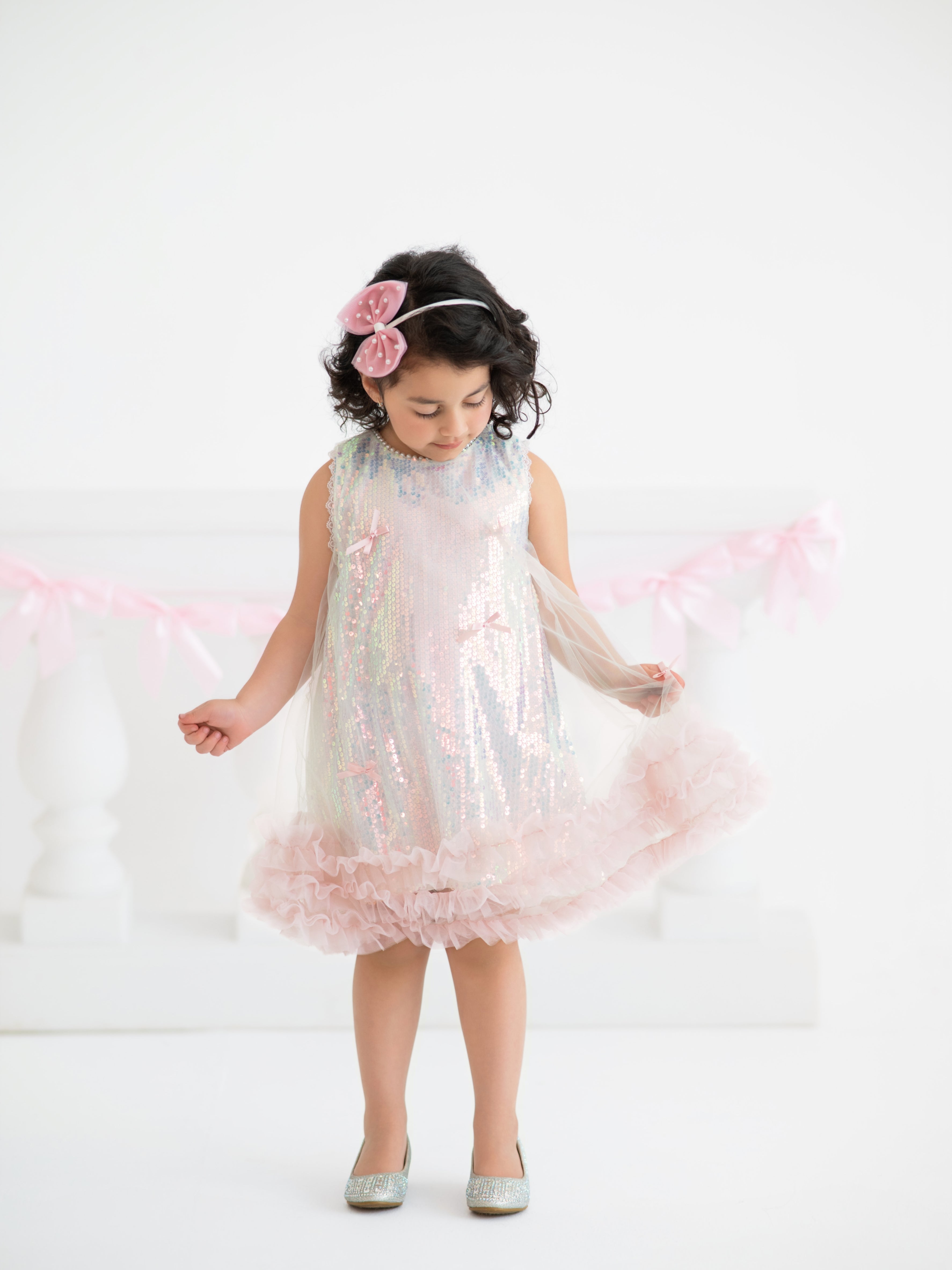 Iridescent Sequin Bow Ruffle Tulle Girls Dress