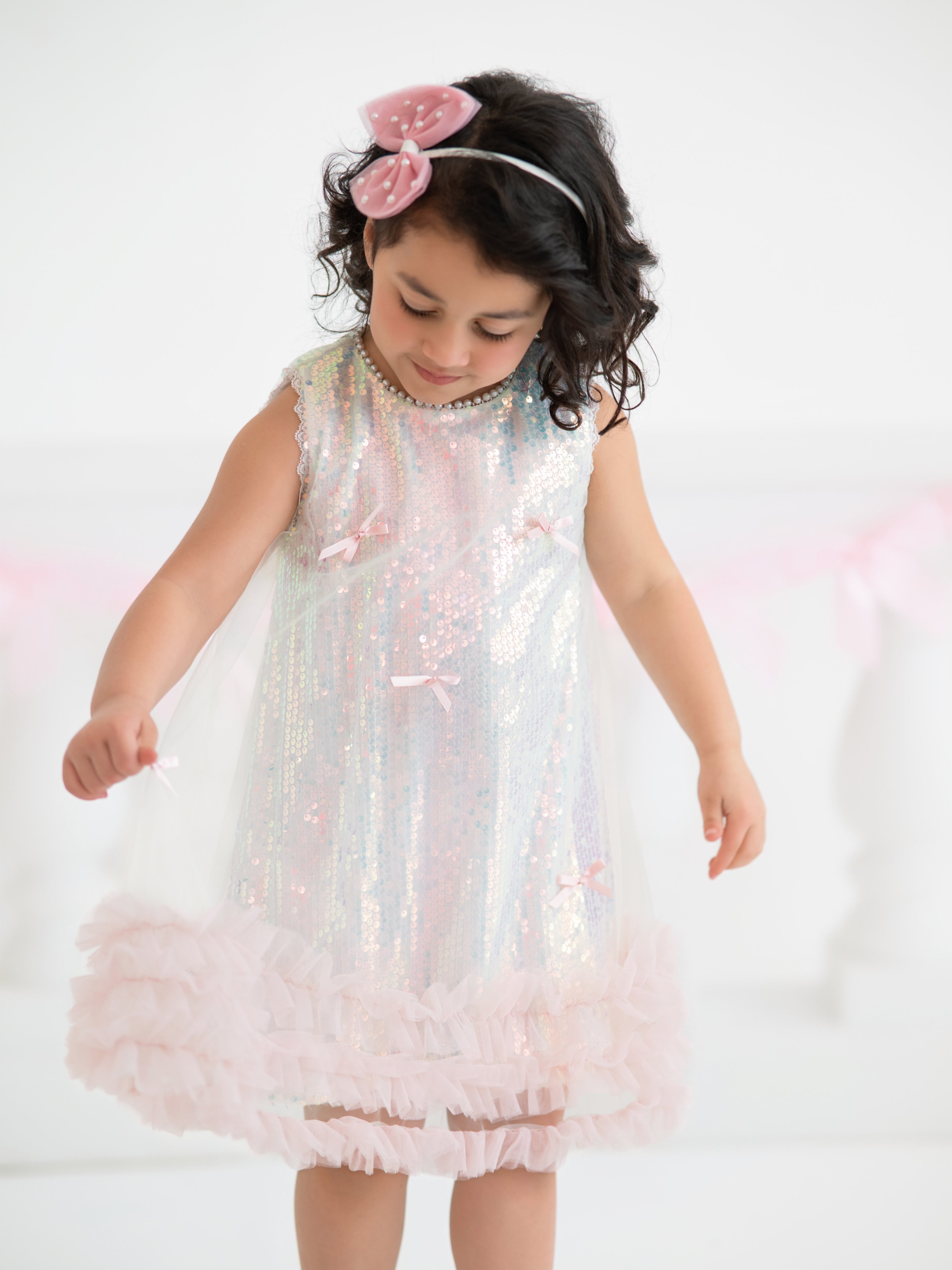 Iridescent Sequin Bow Ruffle Tulle Girls Dress