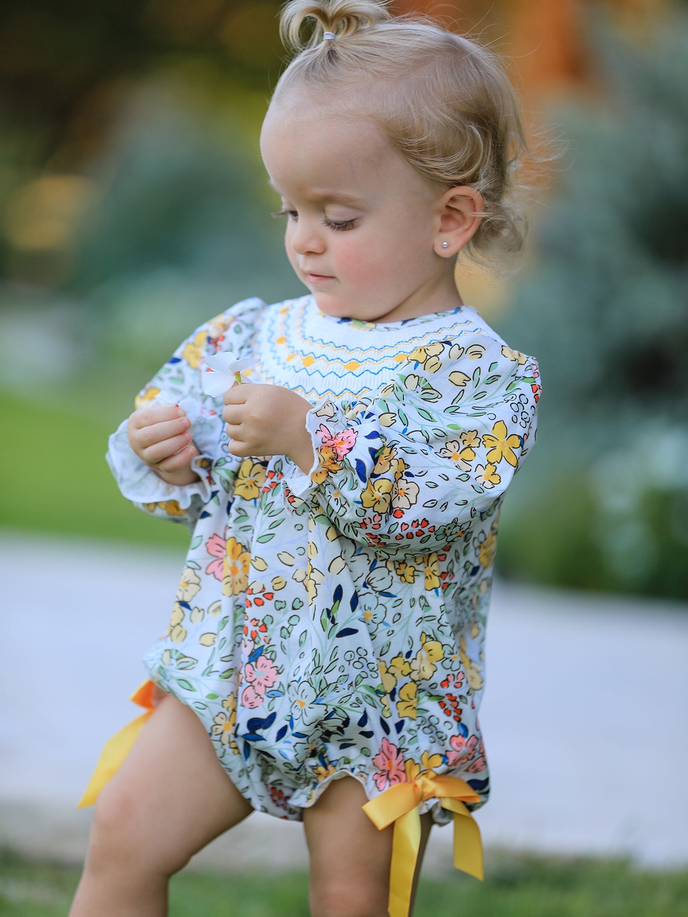 Fall Embroidery Smocking Bow Floral Leaf Baby Girls Romper