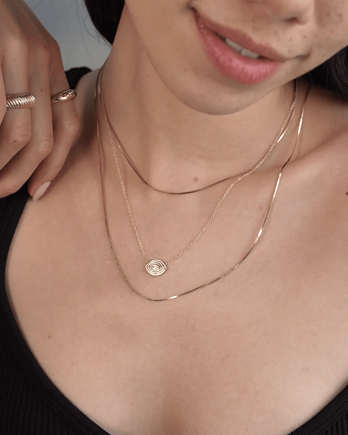 14k Gold Diamond Ribbed Evil Eye Necklace