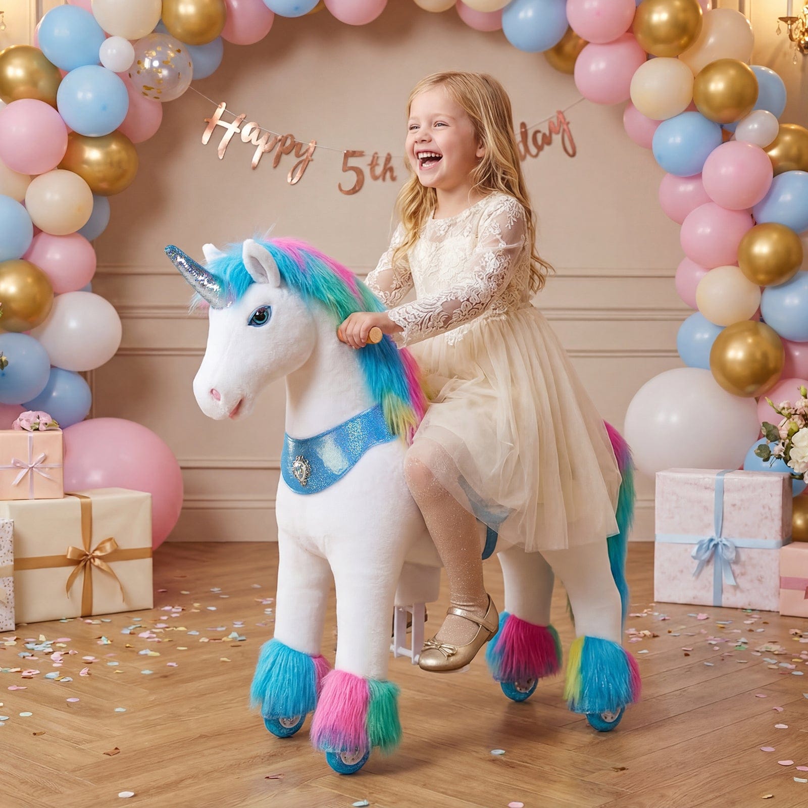 Model Y Rainbow Unicorn Rideable Toy For Age 3-4