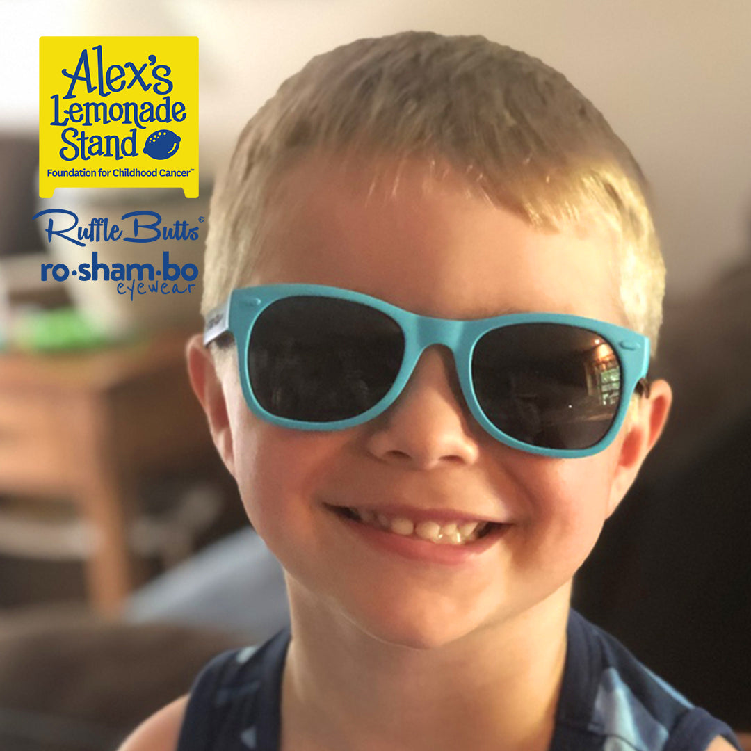 Ruggedbutts Boys Rainbow Stripe Swim Trunks & Rash Guard With Roshambo Blue Sunglasses