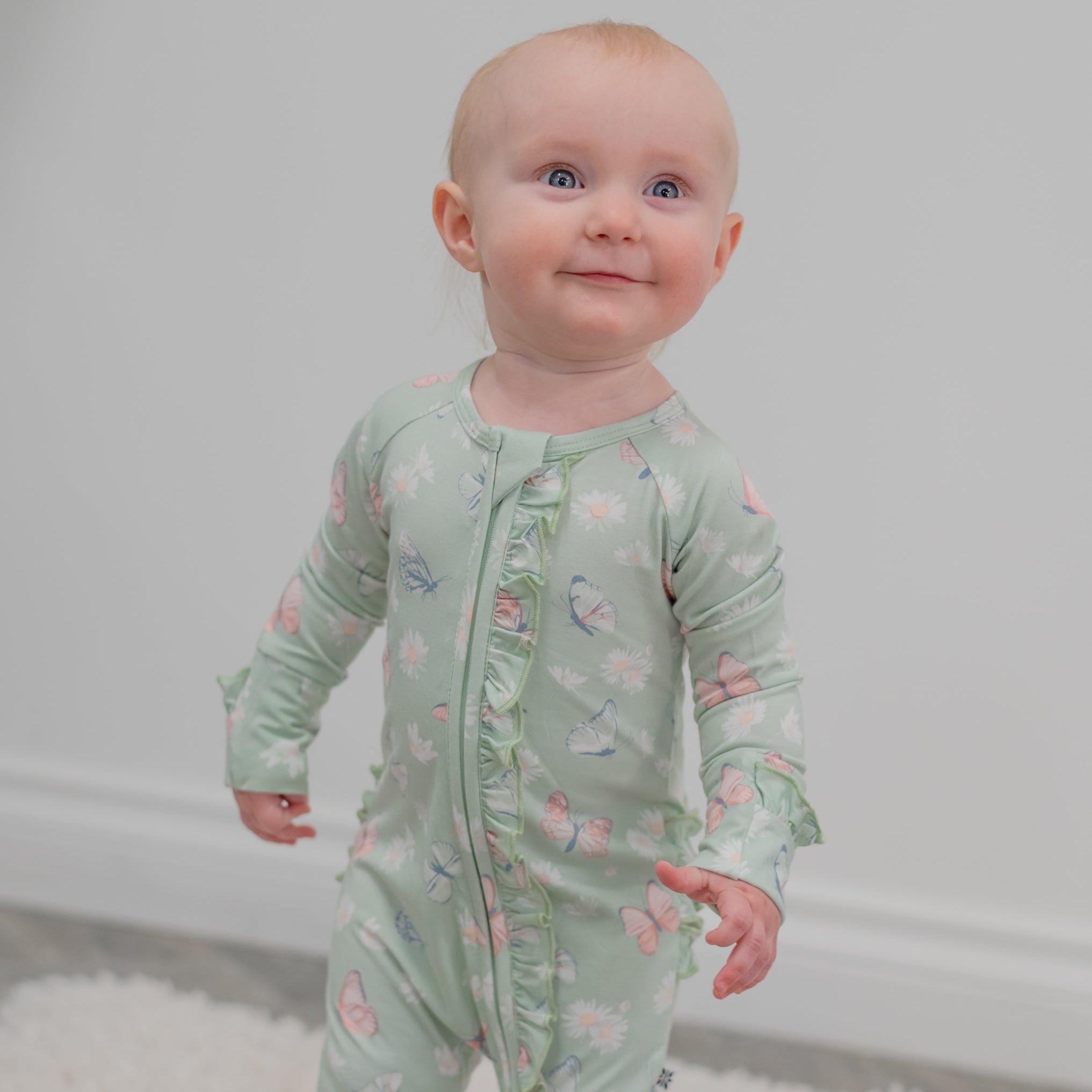 Mint Butterfly Daisy Bamboo Ruffle Baby Footie