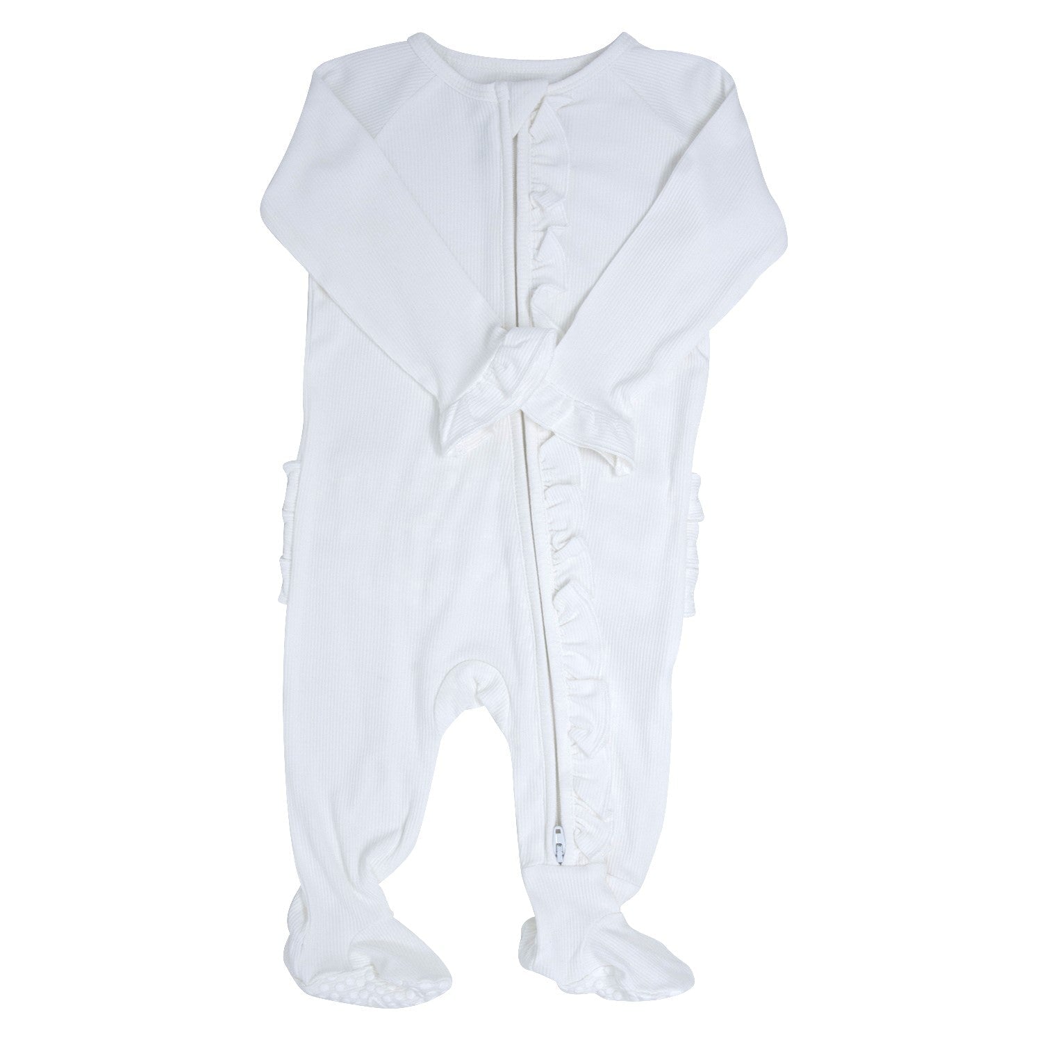 Sweet Bamboo Baby Footie – White Ribbed Cotton with Ruffle Trim