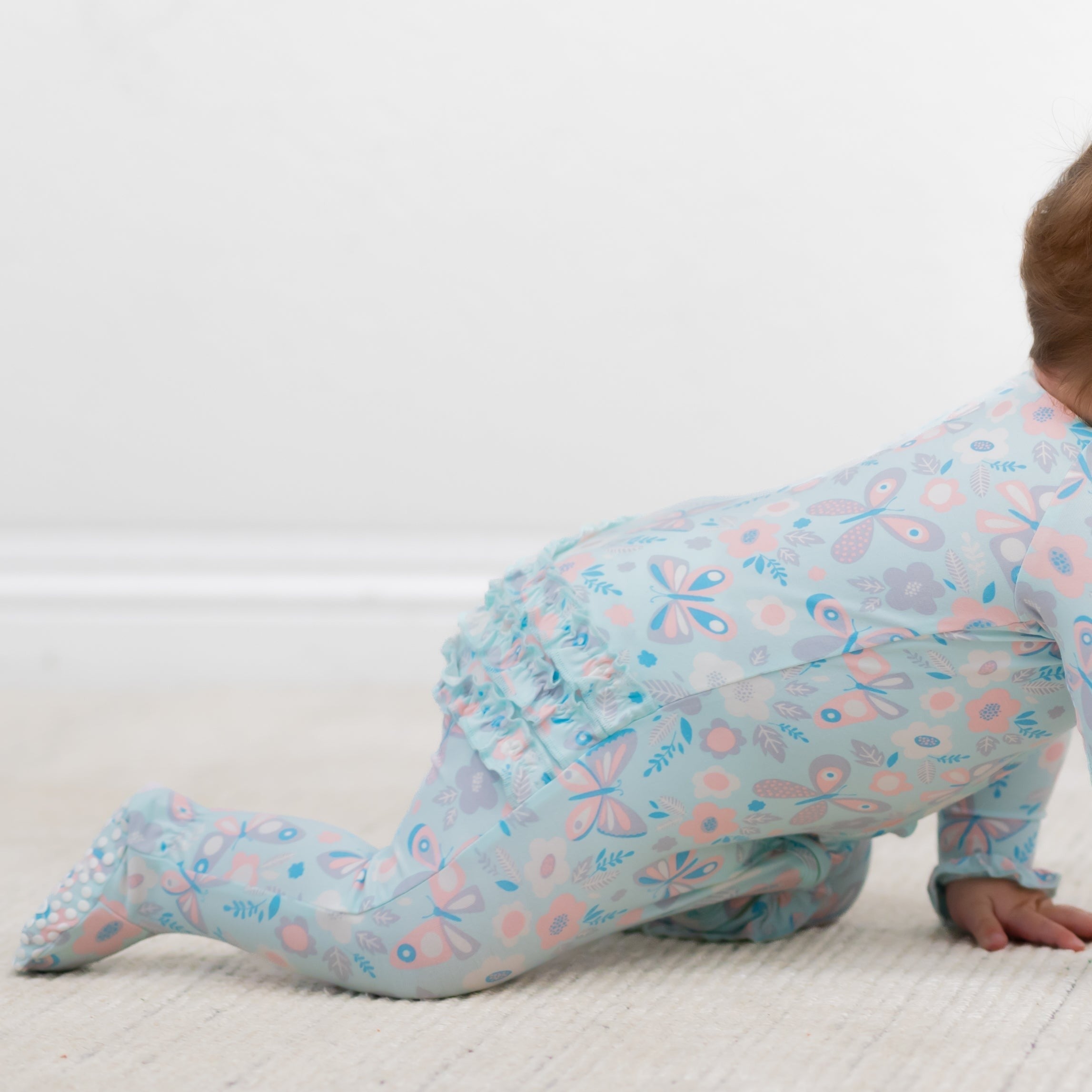 Ruffle Footie - Butterfly Aqua