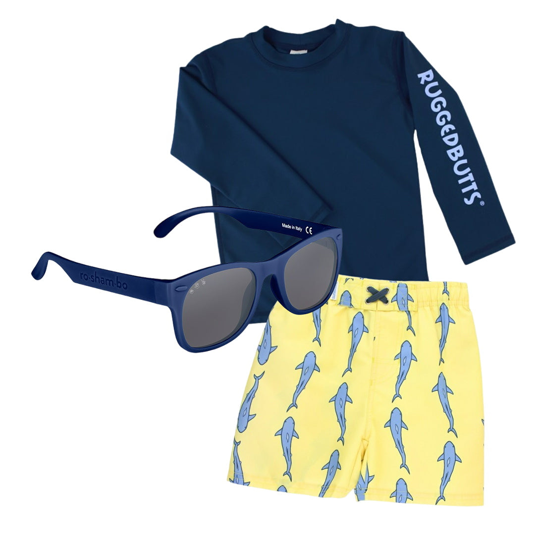 Ruggedbutts Baby Jawsome Swim Trunks & Rash Guard With Roshambo Navy Sunglasses