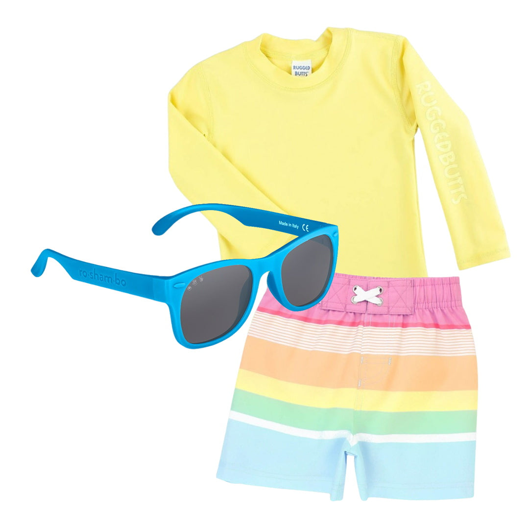 Ruggedbutts Baby Rainbow Stripe Swim Trunks & Rash Guard With Roshambo Blue Sunglasses