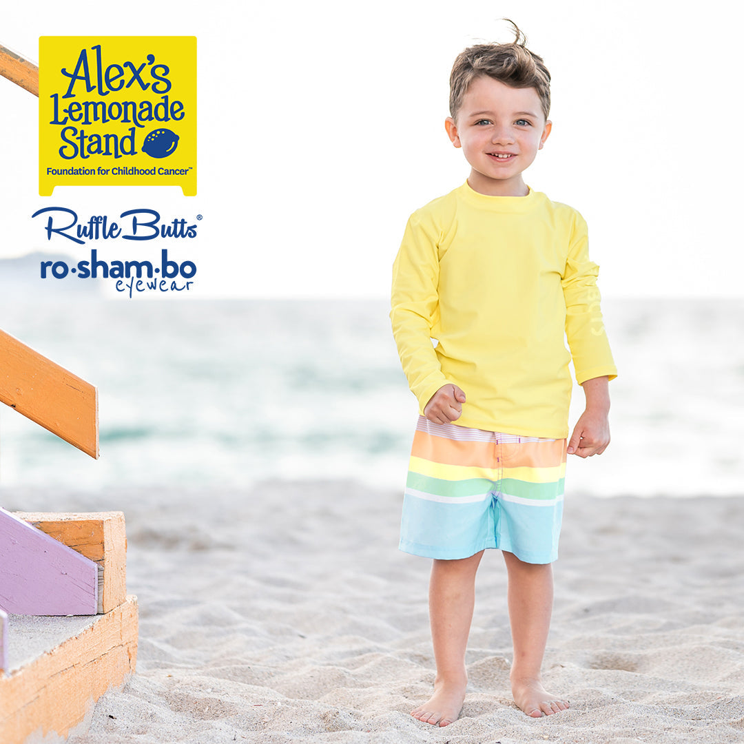 Ruggedbutts Boys Rainbow Stripe Swim Trunks & Rash Guard With Roshambo Blue Sunglasses