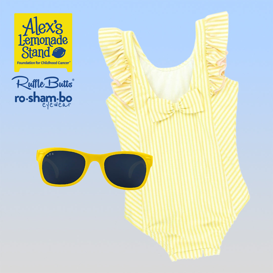 Rufflebutts Girls Seersucker One Piece With Roshambo Yellow Sunglasses