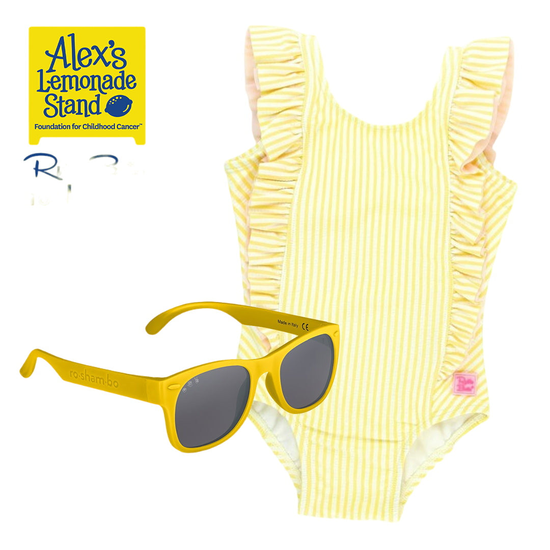 Rufflebutts Girls Seersucker One Piece With Roshambo Yellow Sunglasses