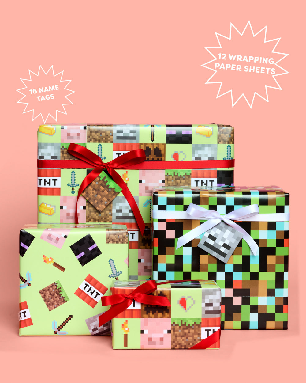 Pixel Mining Wrapping Paper Set - 12 Sheets + 16 Tags