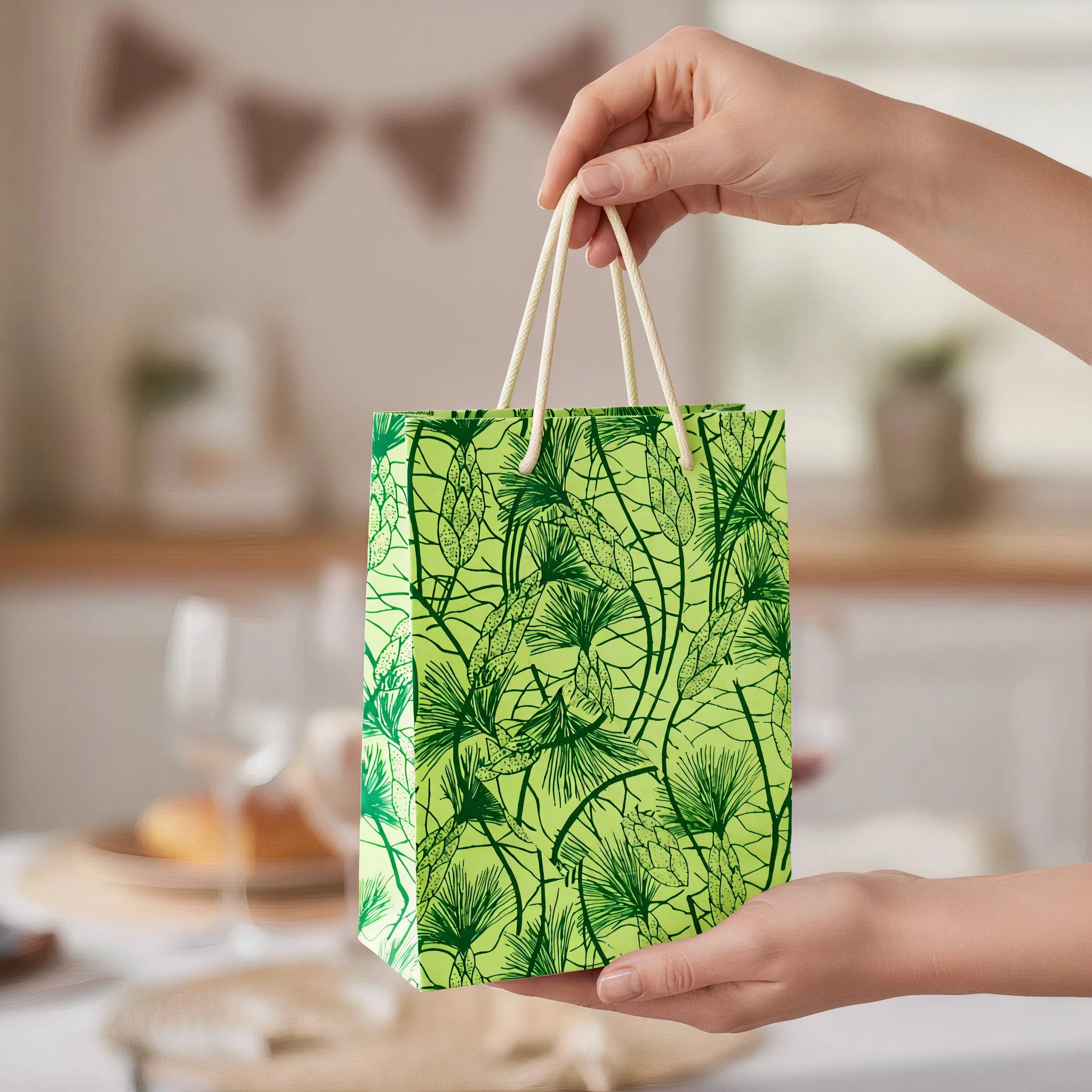 Set Of Six Recycled Cotton Gift Bags With Tag In Green Beach Grass Design