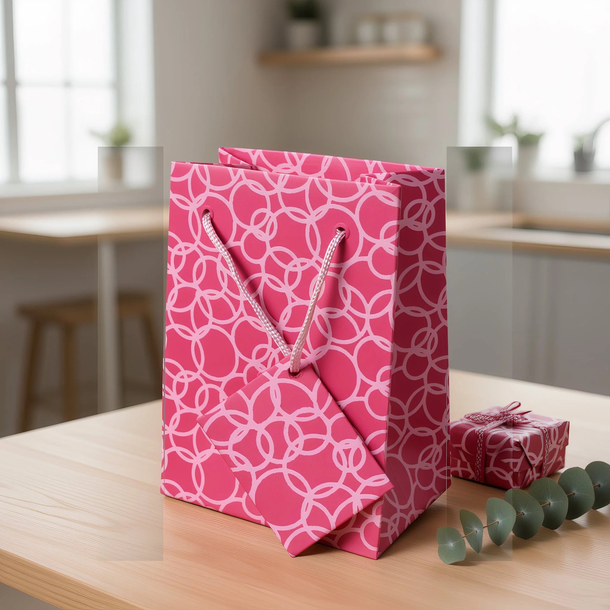 Set Of Six Recycled Cotton Gift Bags With Tag In Pink Circles Design