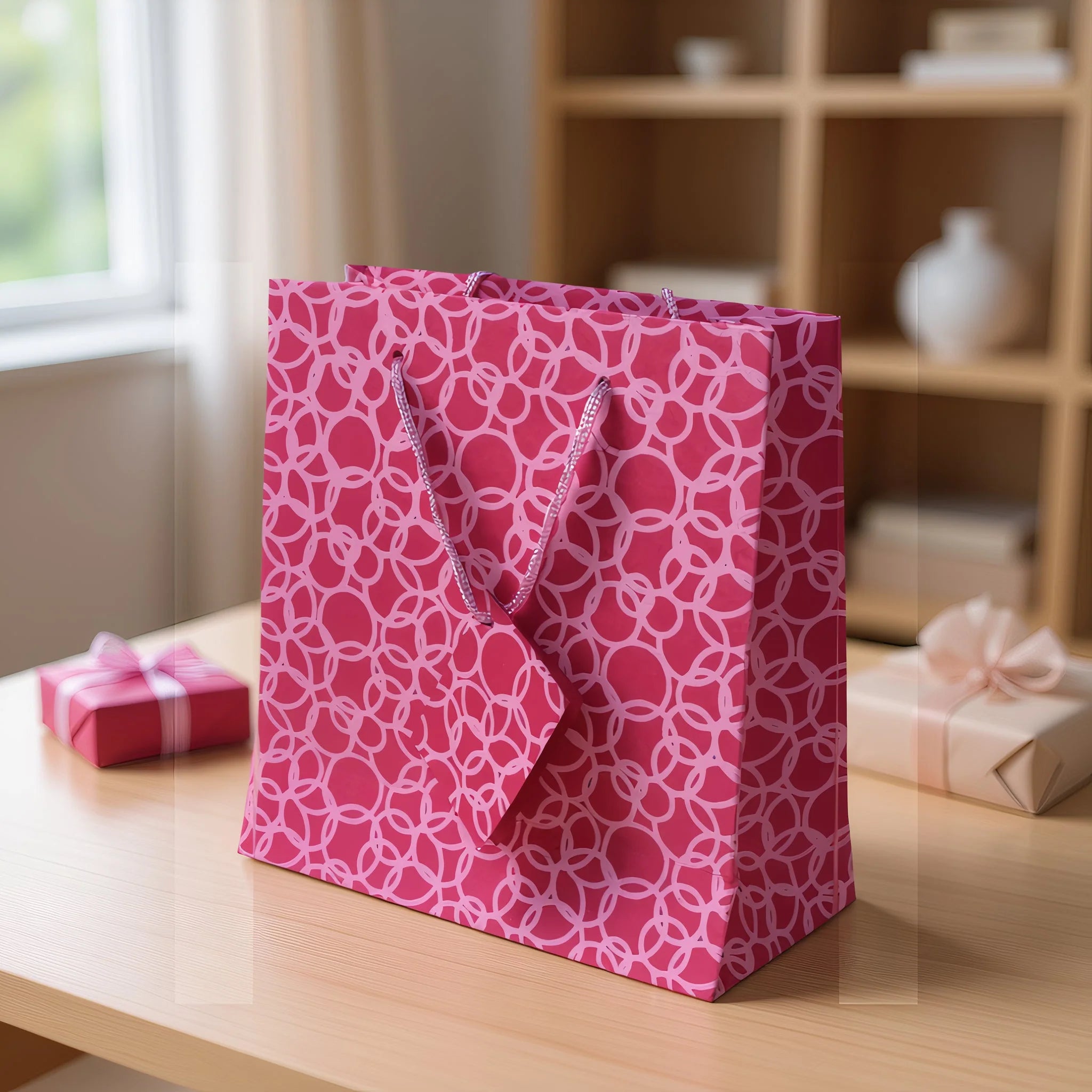 Set Of Six Recycled Cotton Gift Bags With Tag In Pink Circles Design