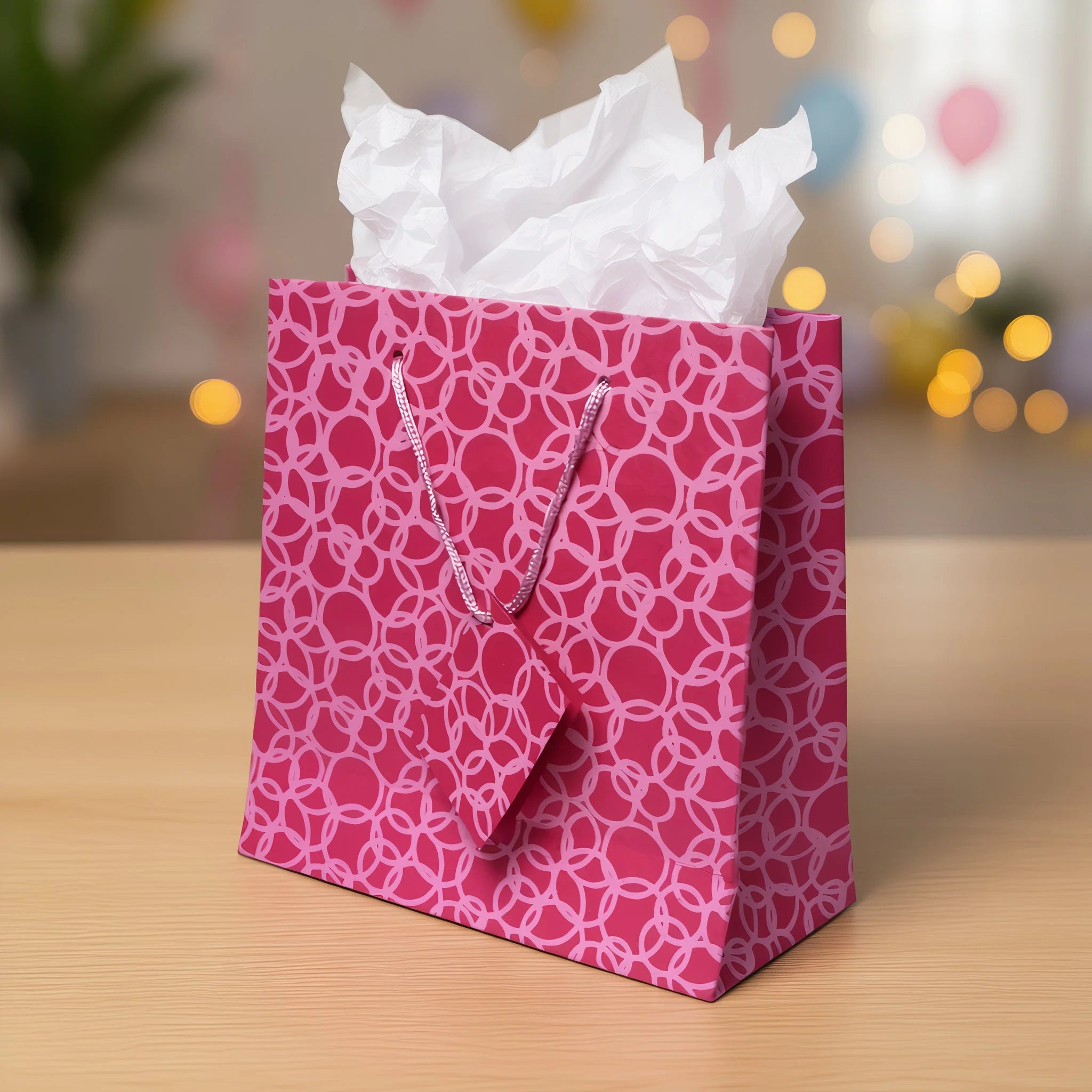 Set Of Six Recycled Cotton Gift Bags With Tag In Pink Circles Design