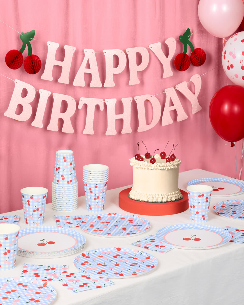 Cherry Birthday Bundle - Tableware, Balloons, Banner + Tats