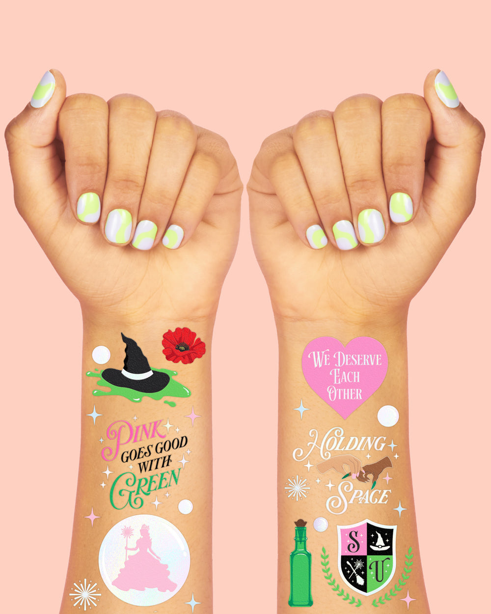 Pink Goes Good W. Green Tats - 50 Temporary Tattoos