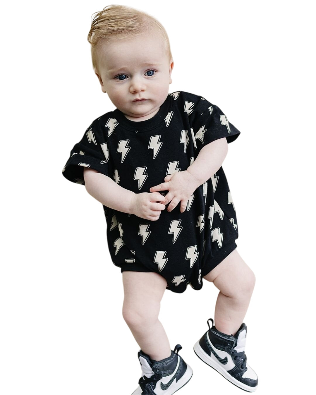 Short Sleeve Bubble Romper | Black Bolts