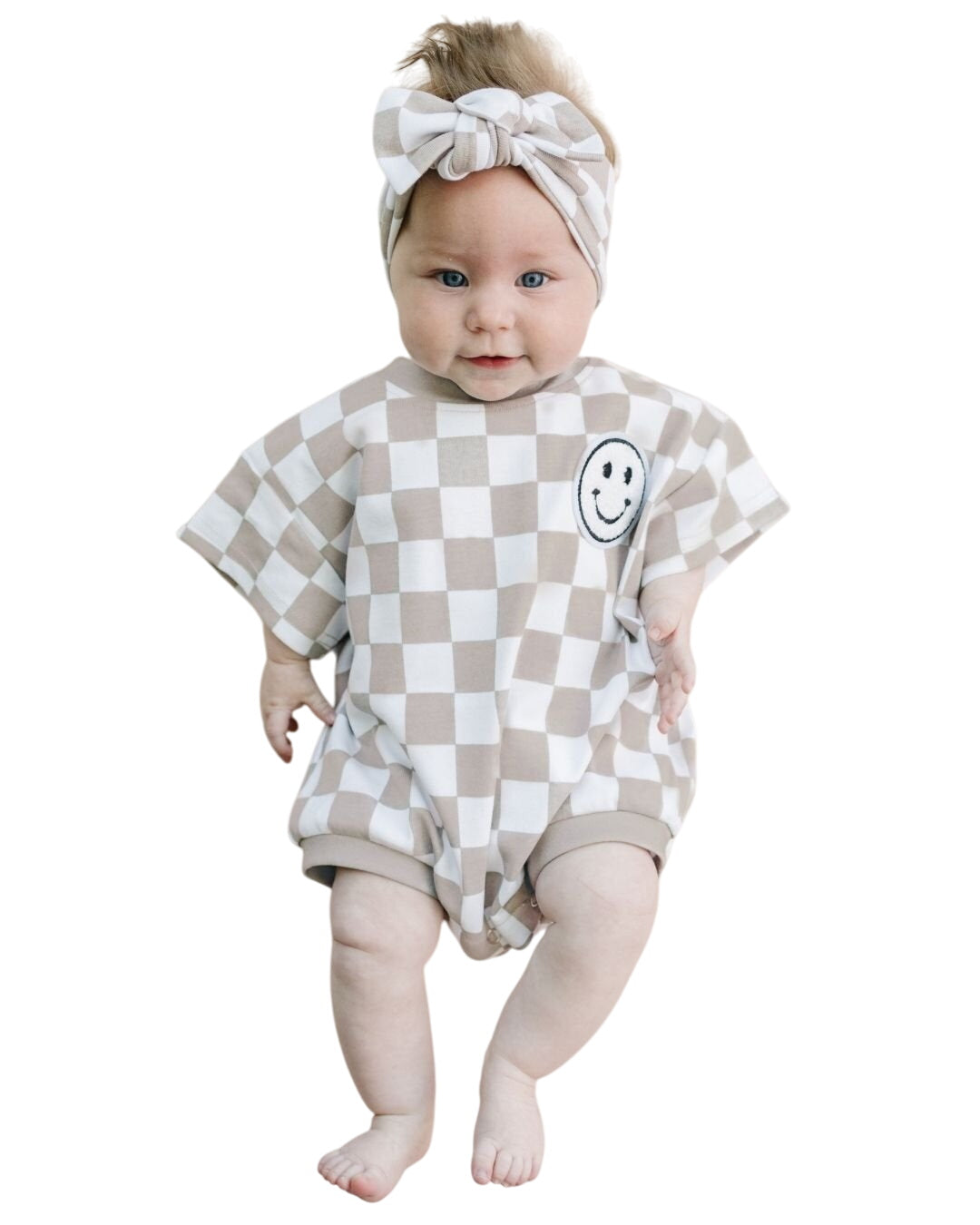 Short Sleeve Bubble Romper | Checkered Smiley Latte