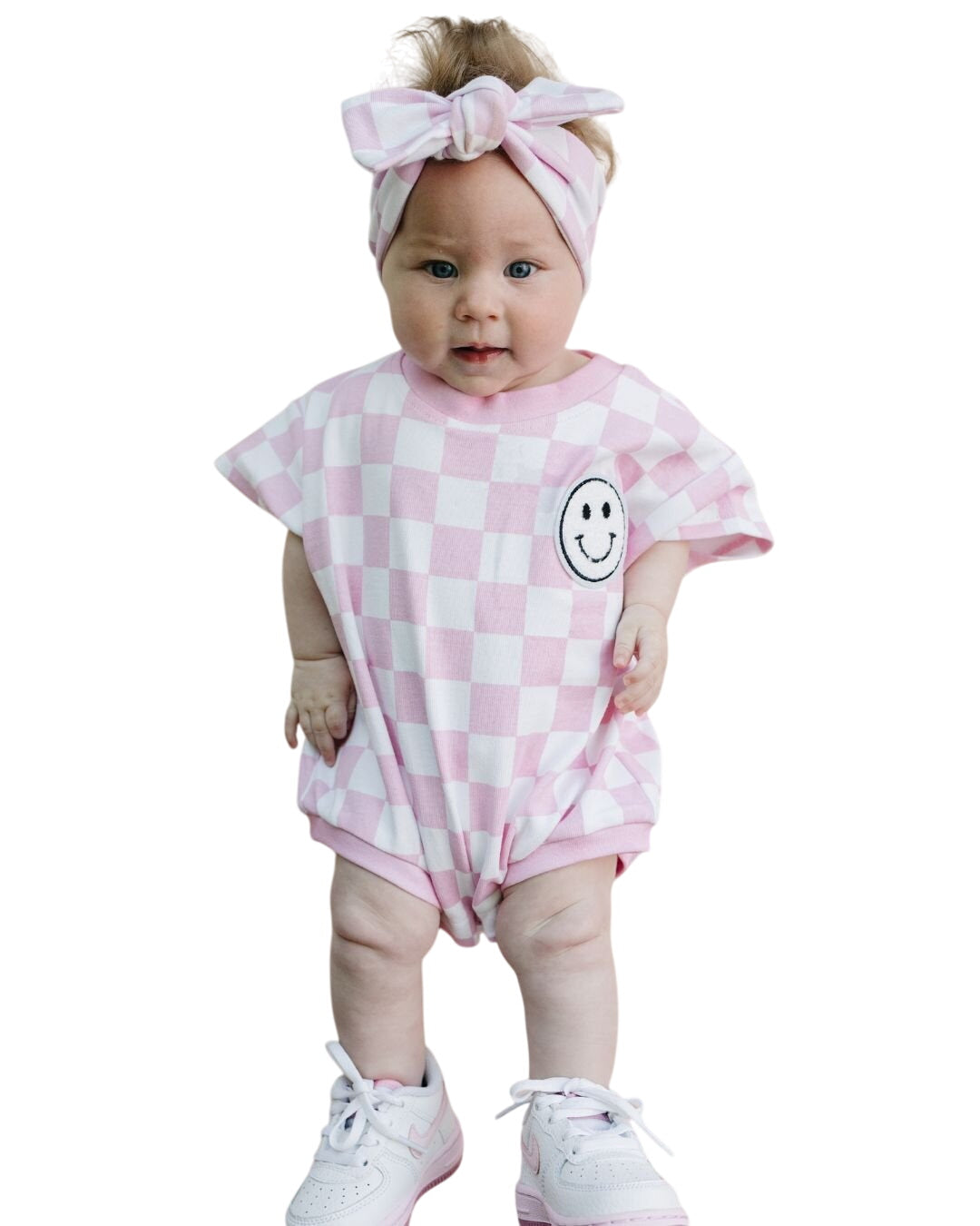 Short Sleeve Bubble Romper | Checkered Smiley Pink