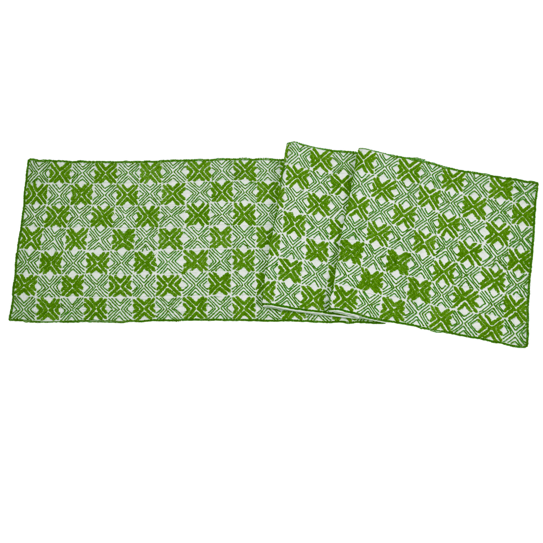 Silk And Chenille Hand Beaded Table Runner Green- 14"x72"