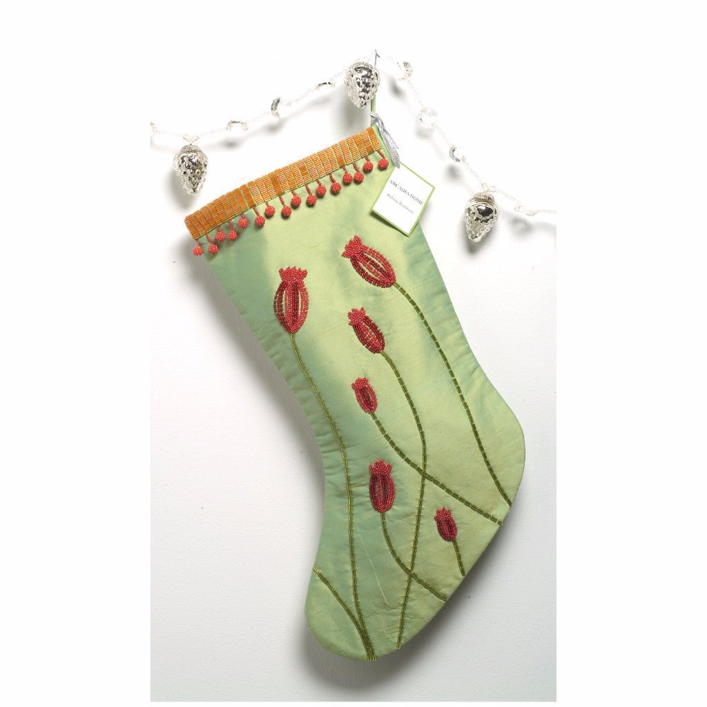 Silk Christmas Stocking Green Hand Beaded Poppies