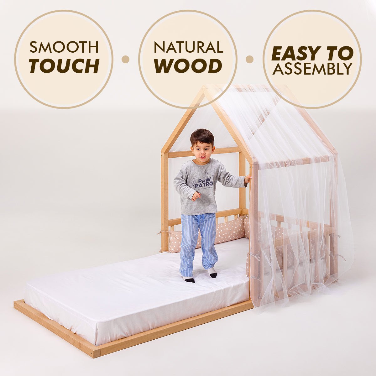 Small Wooden Montessori House Floor Bed With Fence And Roof For Kids (75x38 Inch)