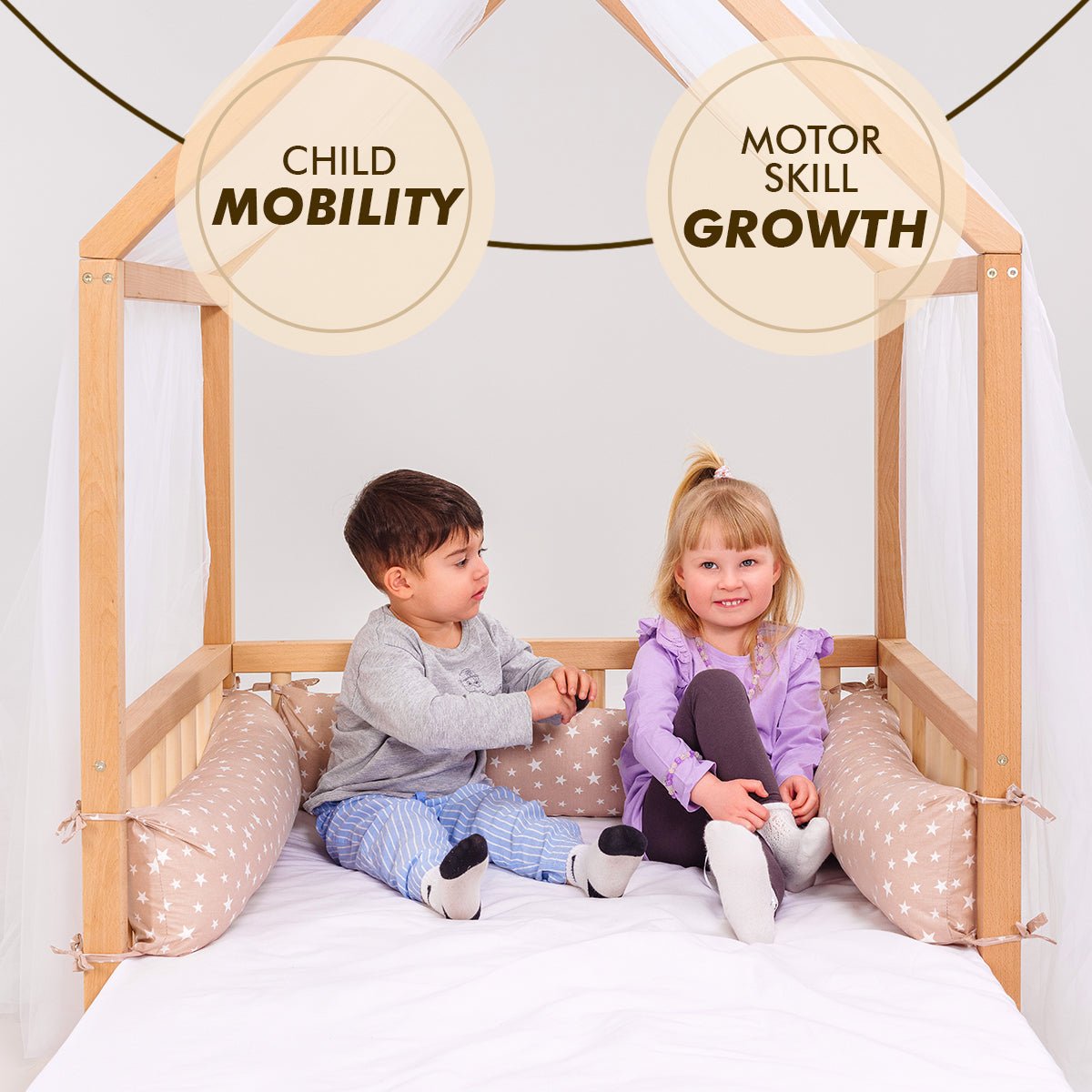 Small Wooden Montessori House Floor Bed With Fence And Roof For Kids (75x38 Inch)