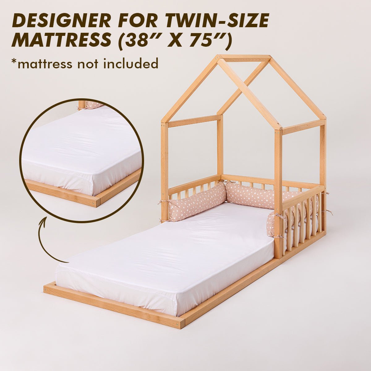 Small Wooden Montessori House Floor Bed With Fence And Roof For Kids (75x38 Inch)