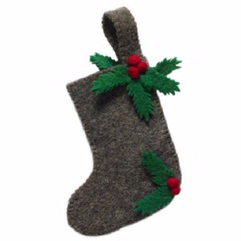 Small Christmas Stocking Ornament Holly Grey Hand Felted Wool