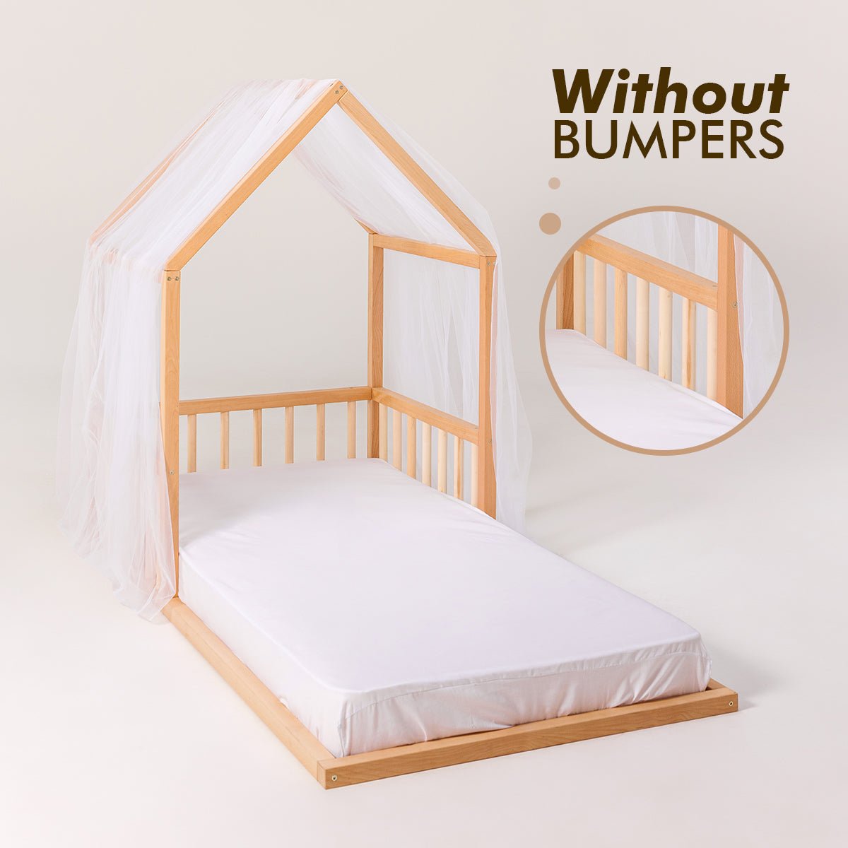 Small Wooden Montessori House Floor Bed With Fence And Roof For Kids (75x38 Inch)