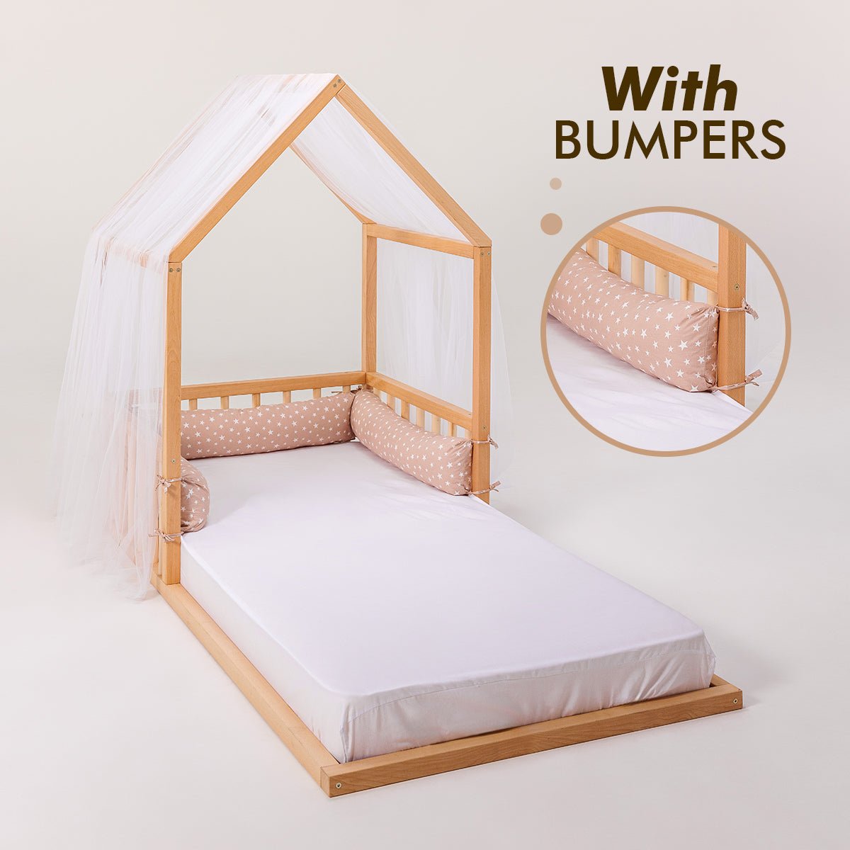 Small Wooden Montessori House Floor Bed With Fence And Roof For Kids (75x38 Inch)