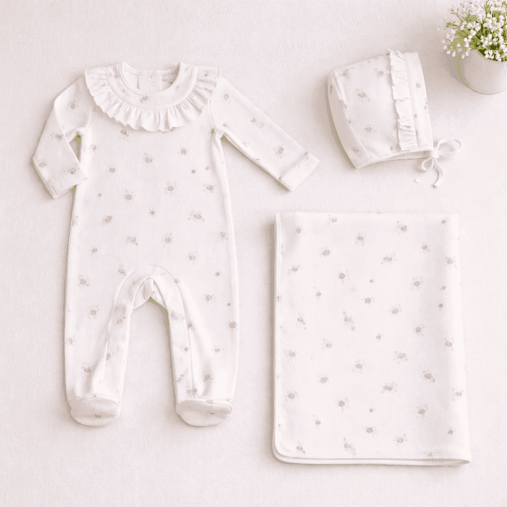 Syrine | Girls Ivory Cotton Ditzy Rose Print Babysuit Set