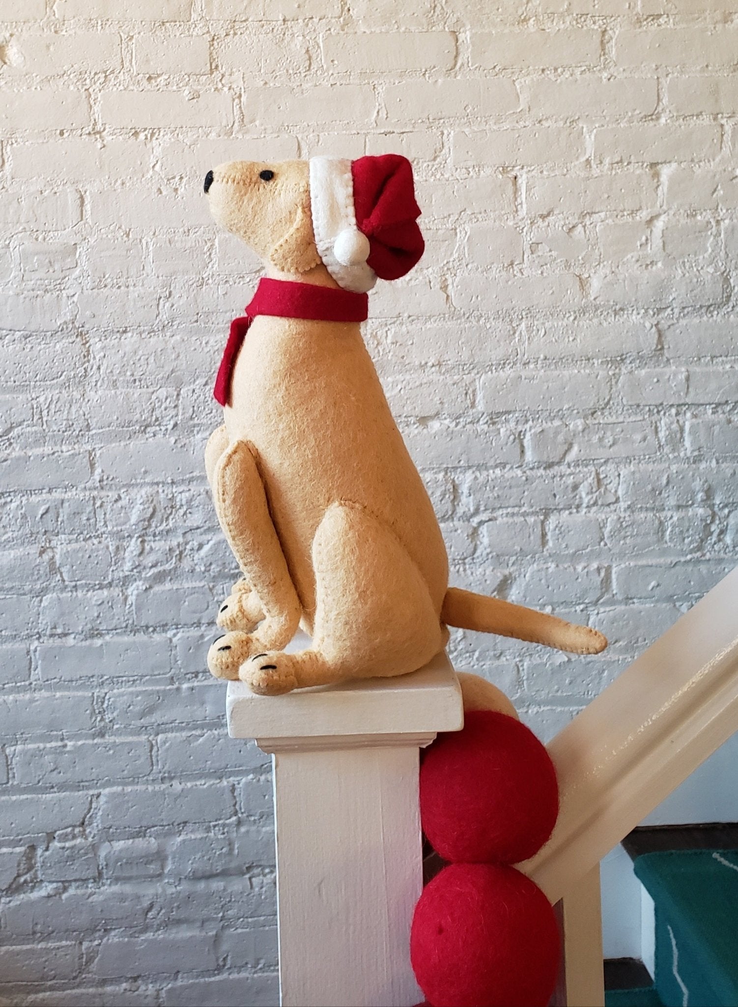 Tan Yellow Lab Santa Hat Christmas Tree Topper Hand Felted Wool