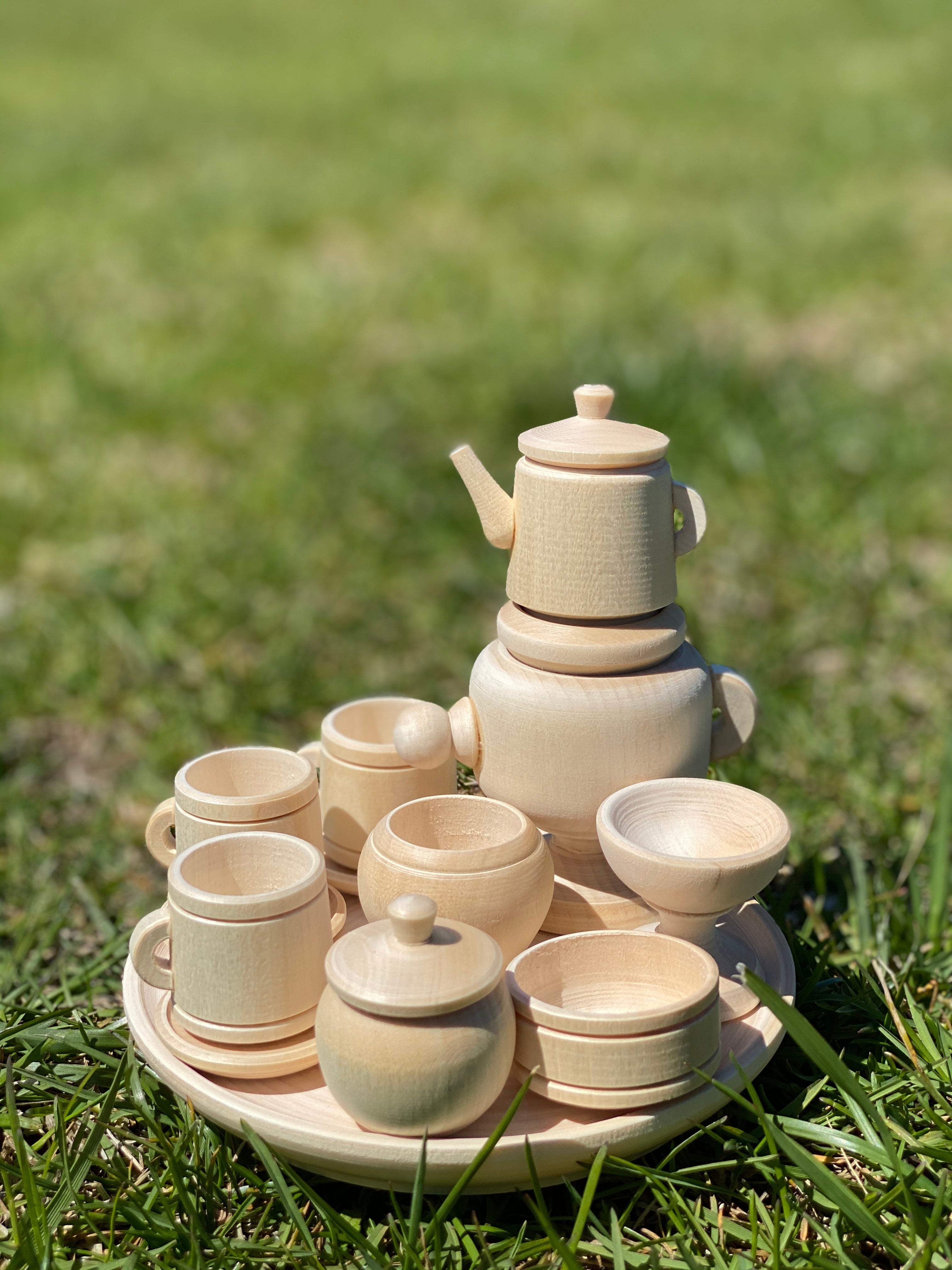 Untreated Wood Miniature Tea Set