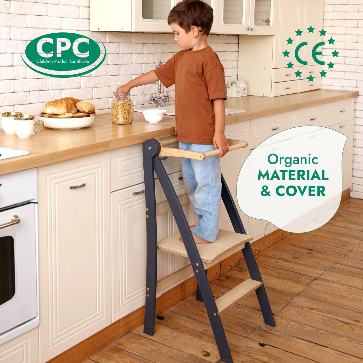 Toddler Tower: Foldable Step Stool For Toddlers - Beige