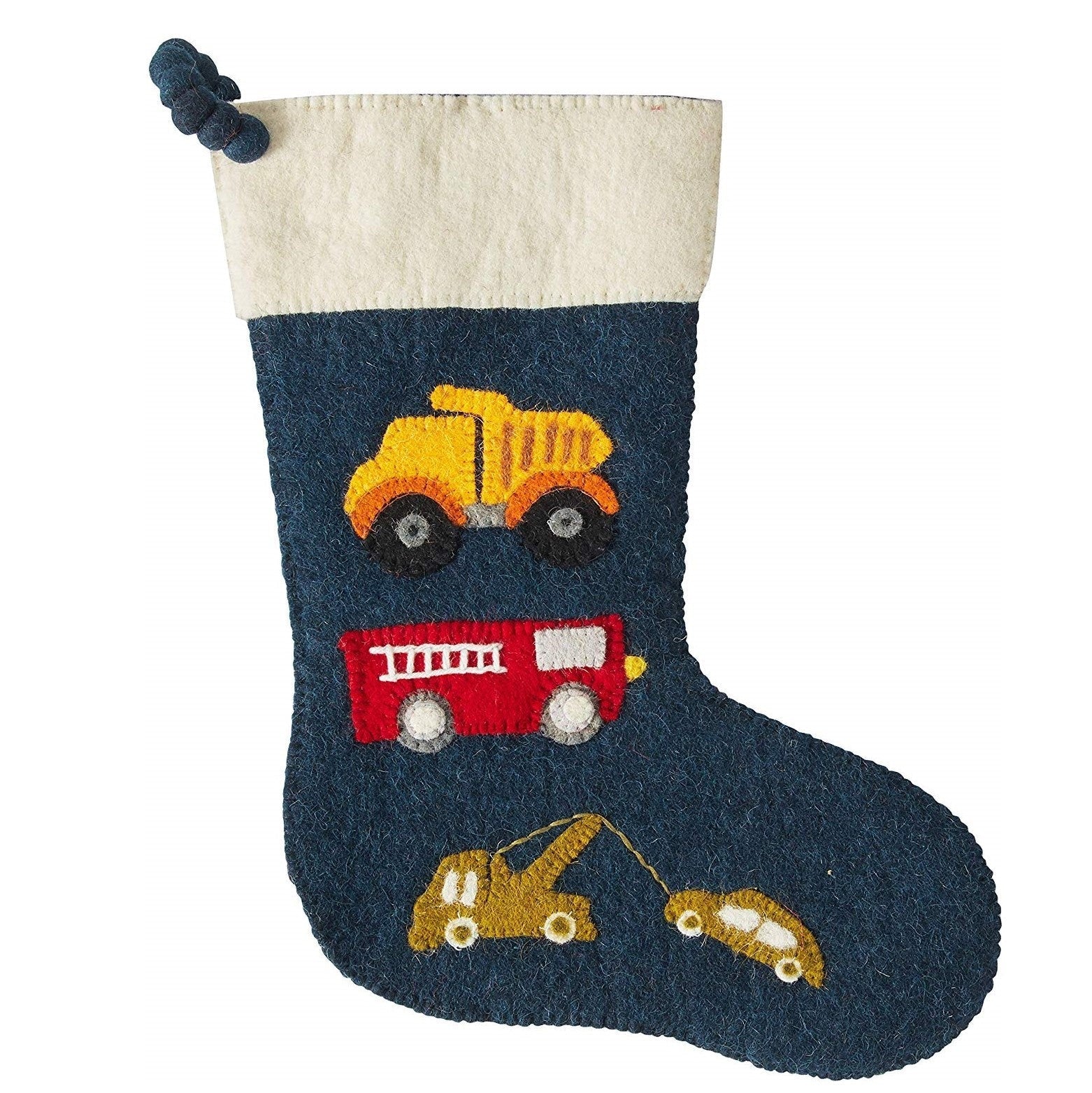 Trucks Navy Christmas Stocking Hand Felted Wool