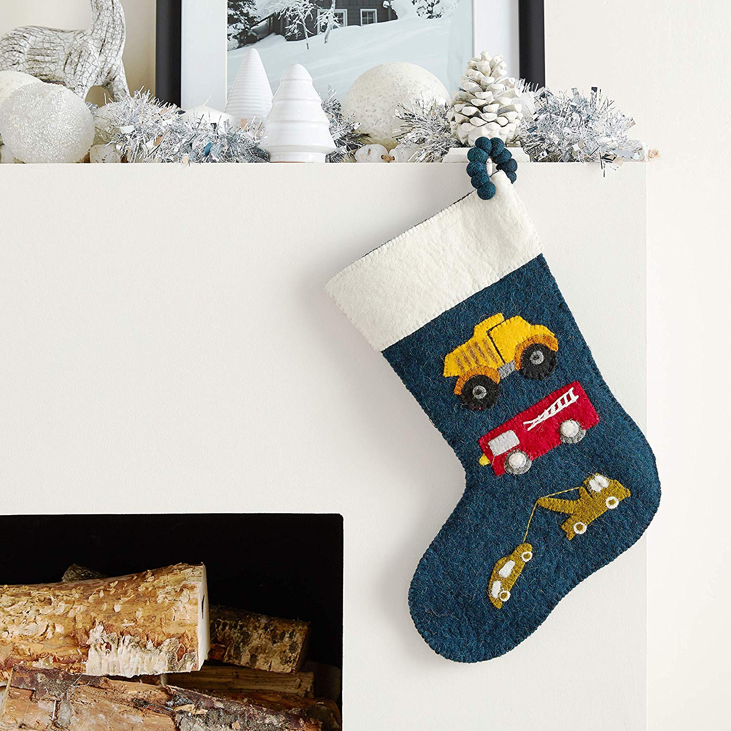 Trucks Navy Christmas Stocking Hand Felted Wool