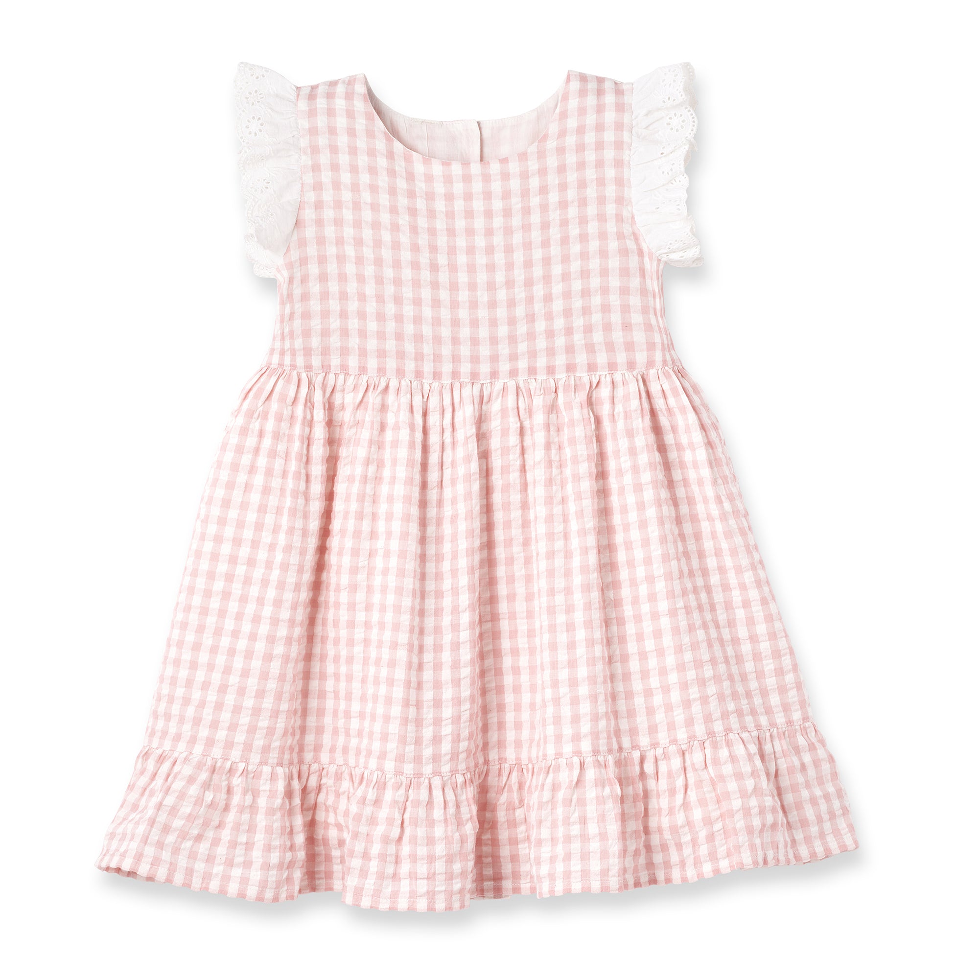 Pink Gingham Cotton Dress With Eyelet Flutter Sleeves