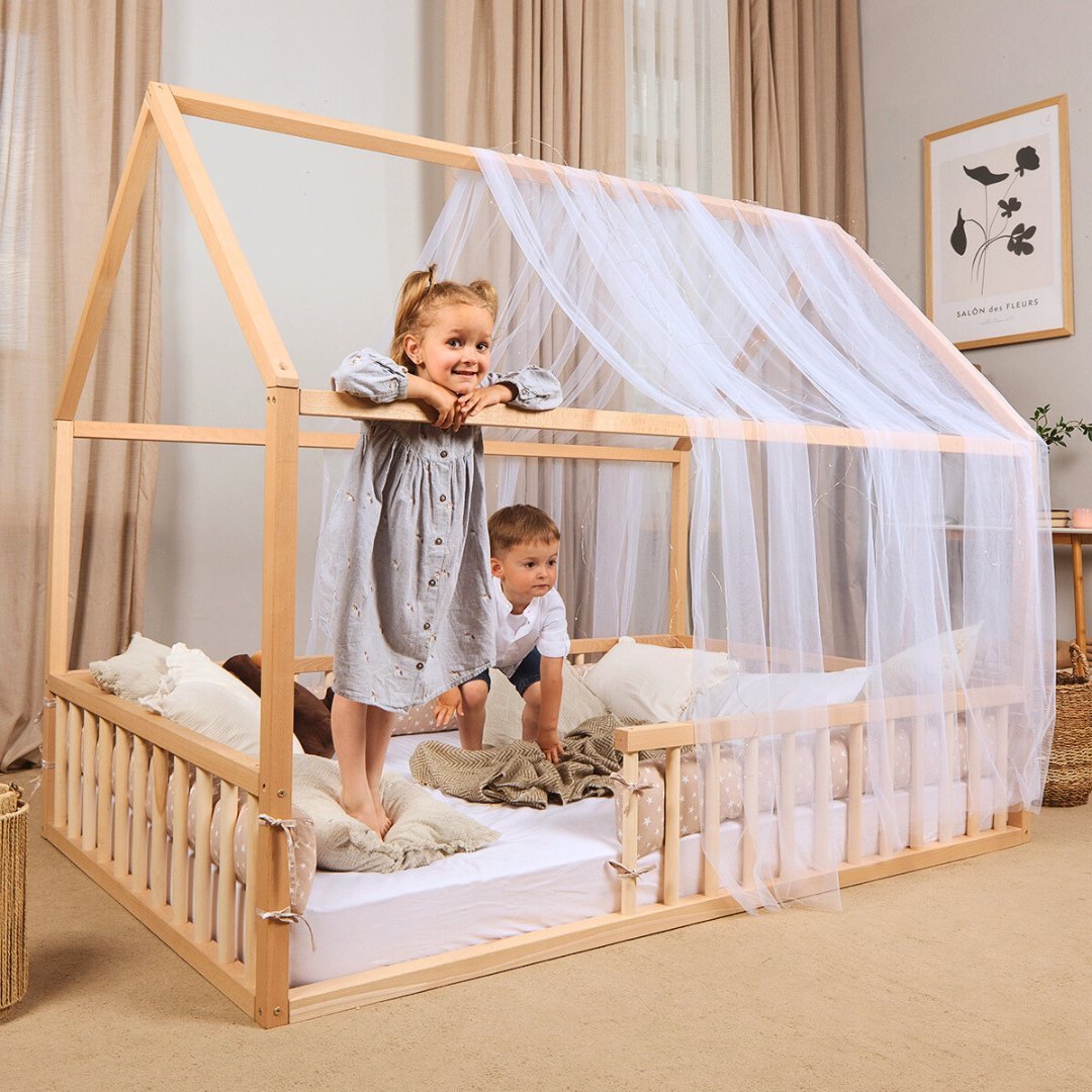 Twin Size Montessori House Bed For Kids With Fence