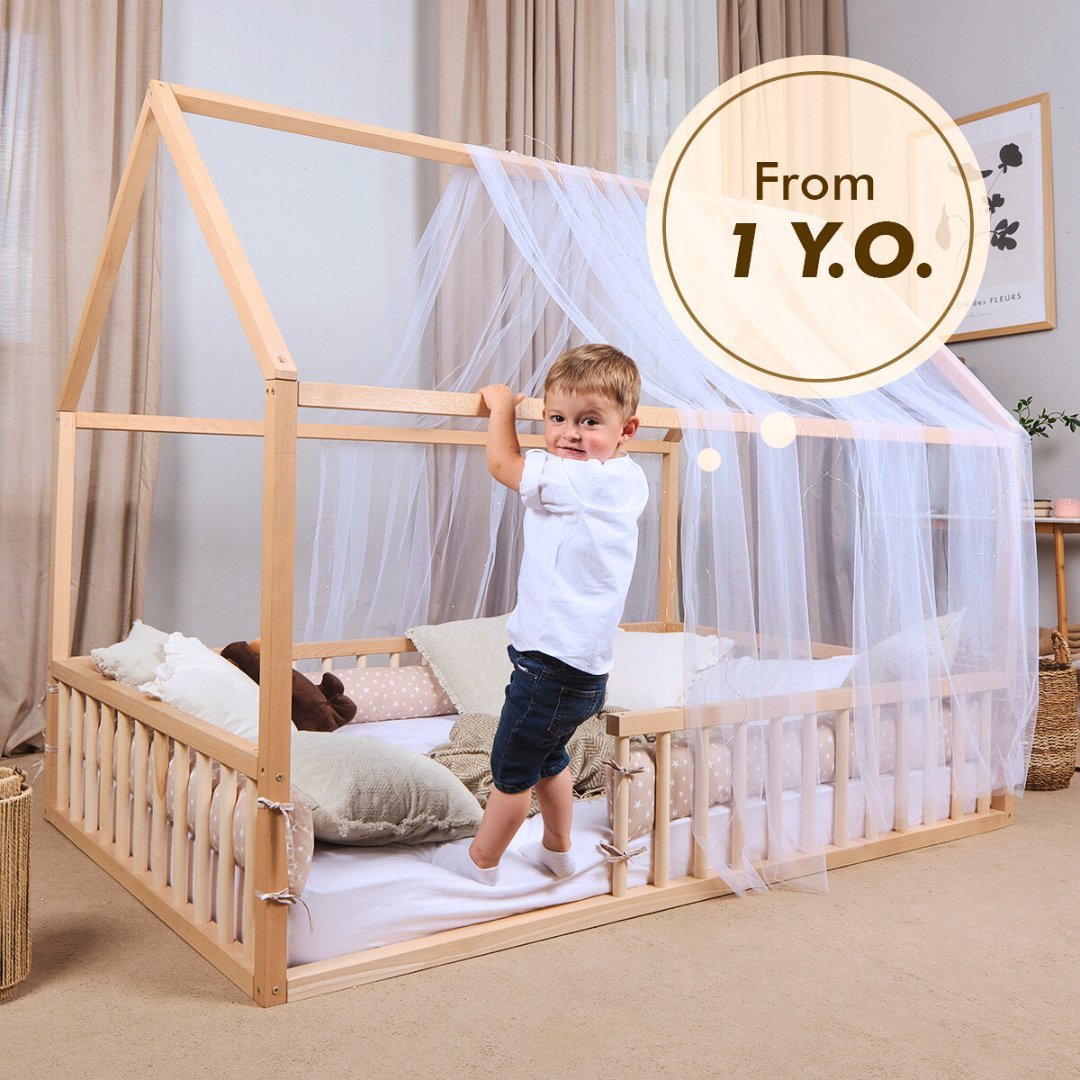 Twin Size Montessori House Bed For Kids With Fence