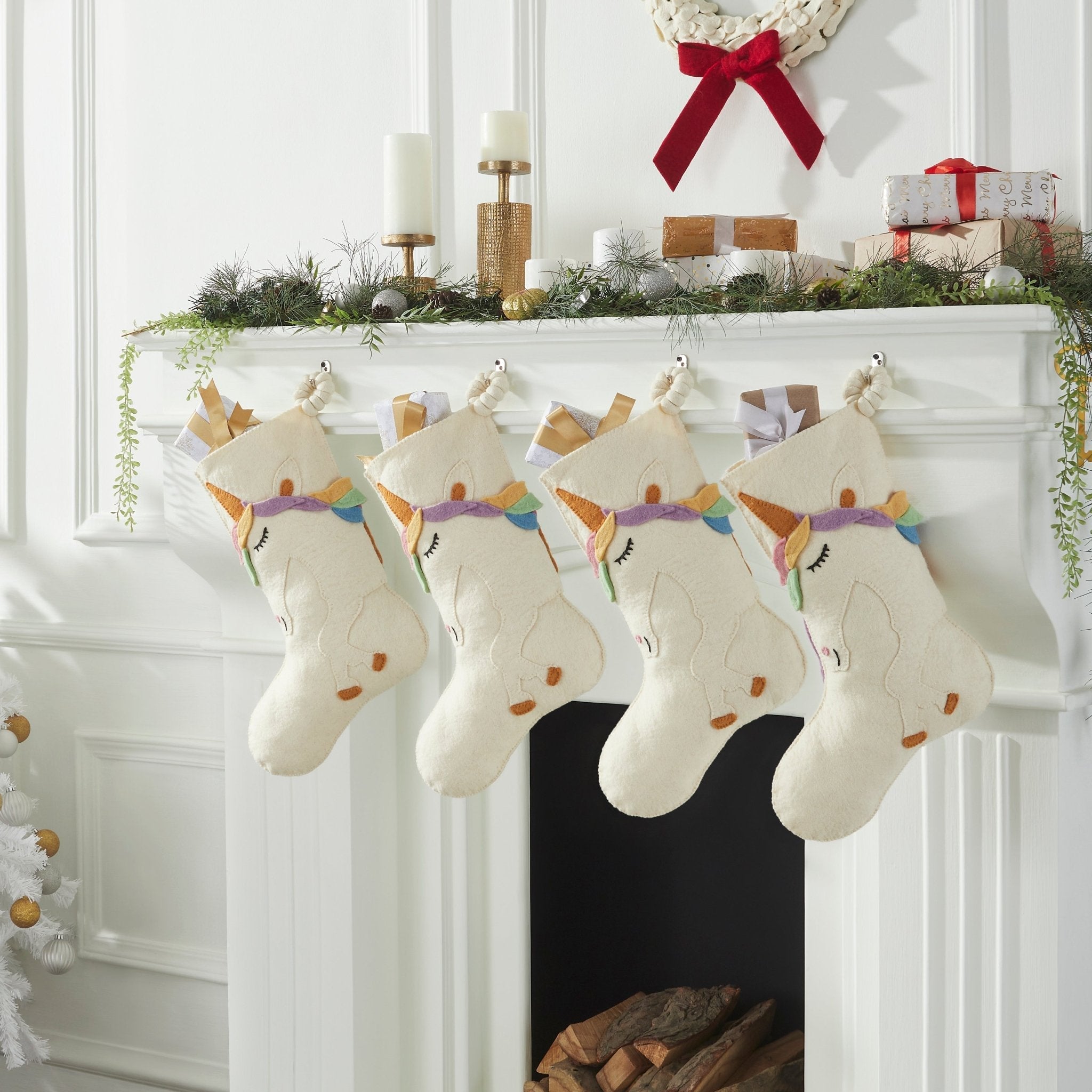 Unicorn On Cream Christmas Stocking In Hand Felted Wool