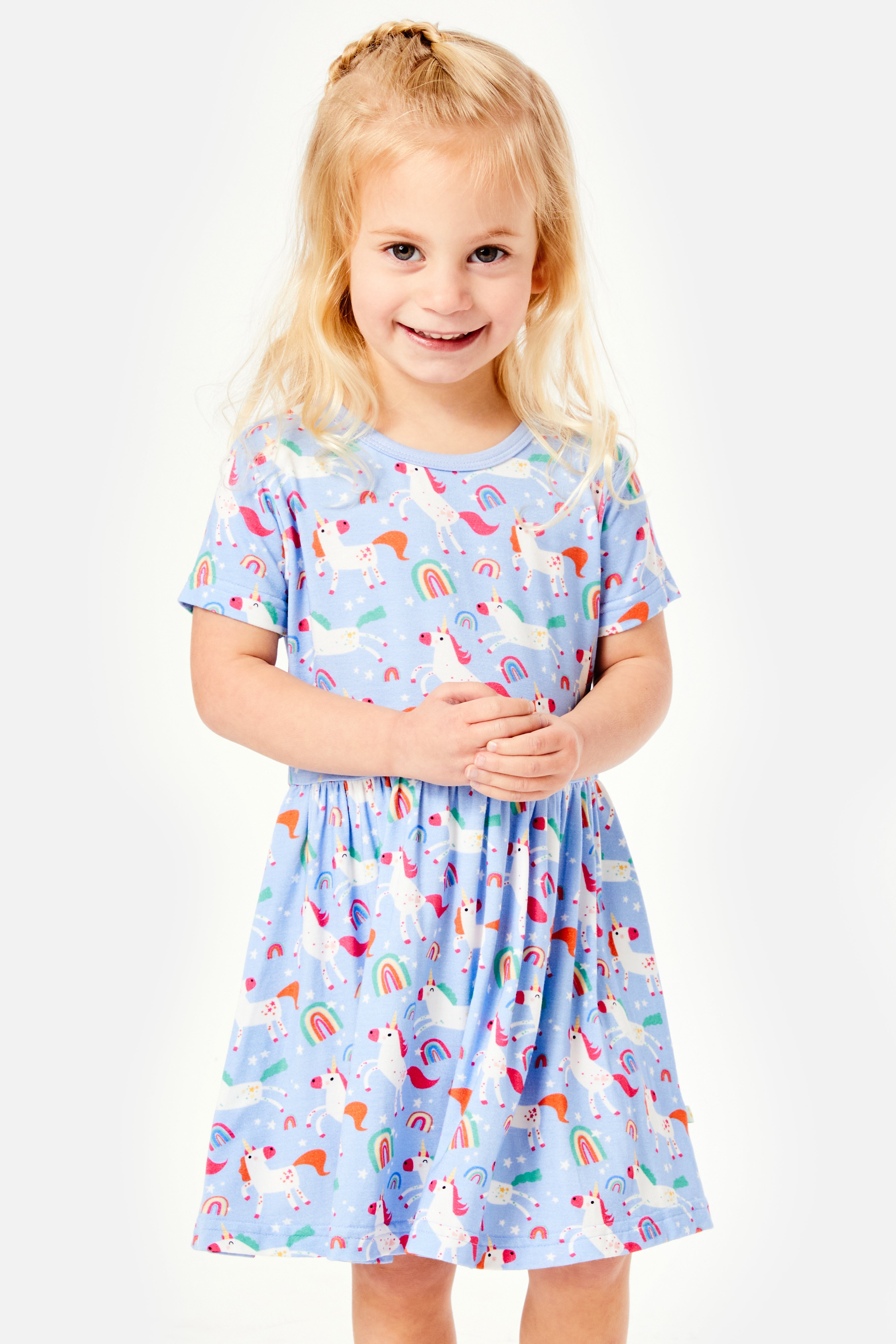 Stretchy Short Sleeve Twirl Dress - Unicorns