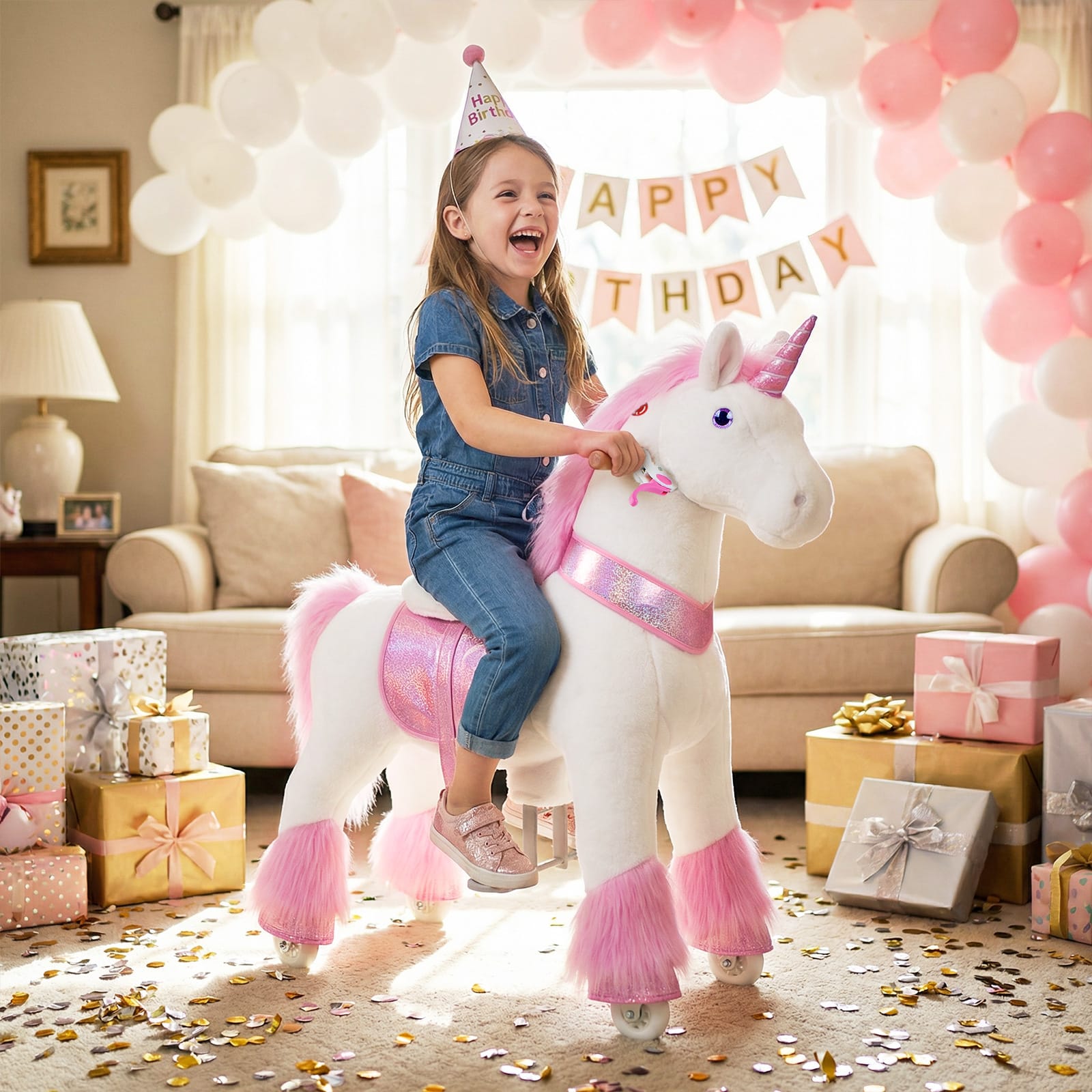 Model U Ride-on Plush Unicorn Age 4-8 Pink