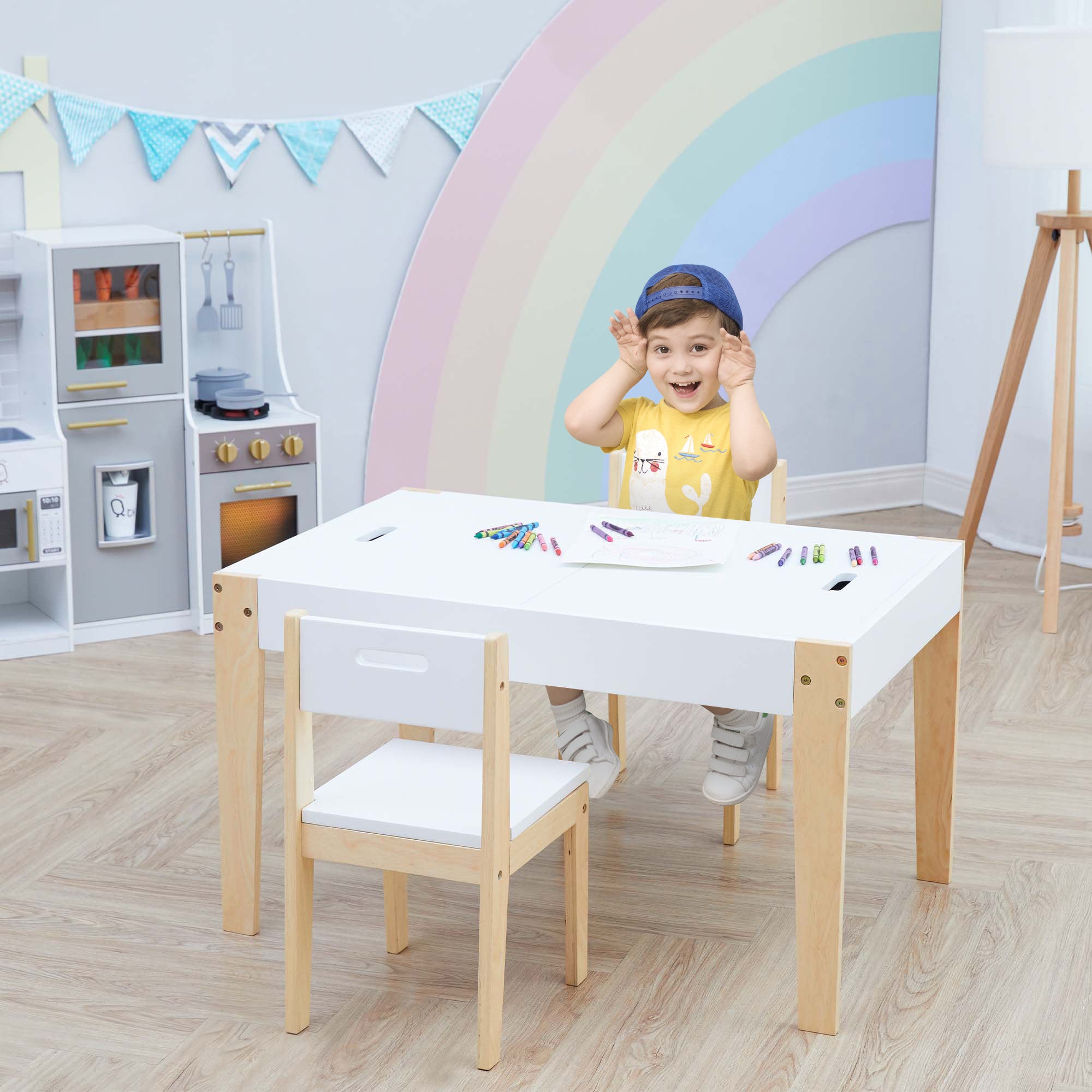 Fantasy Fields 3 Piece Play Table And Chairs Set With Storage And 2-way Chalkboard Table Top, White