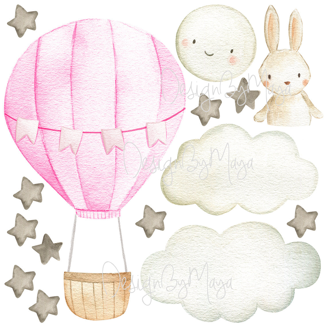 Baby Animal Inside Hot Air Balloon - Fabric Nursery Wall Art Decals