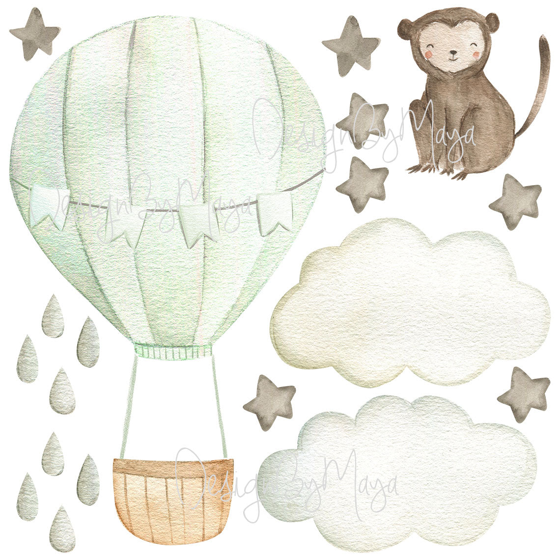 Baby Animal Inside Hot Air Balloon - Fabric Nursery Wall Art Decals
