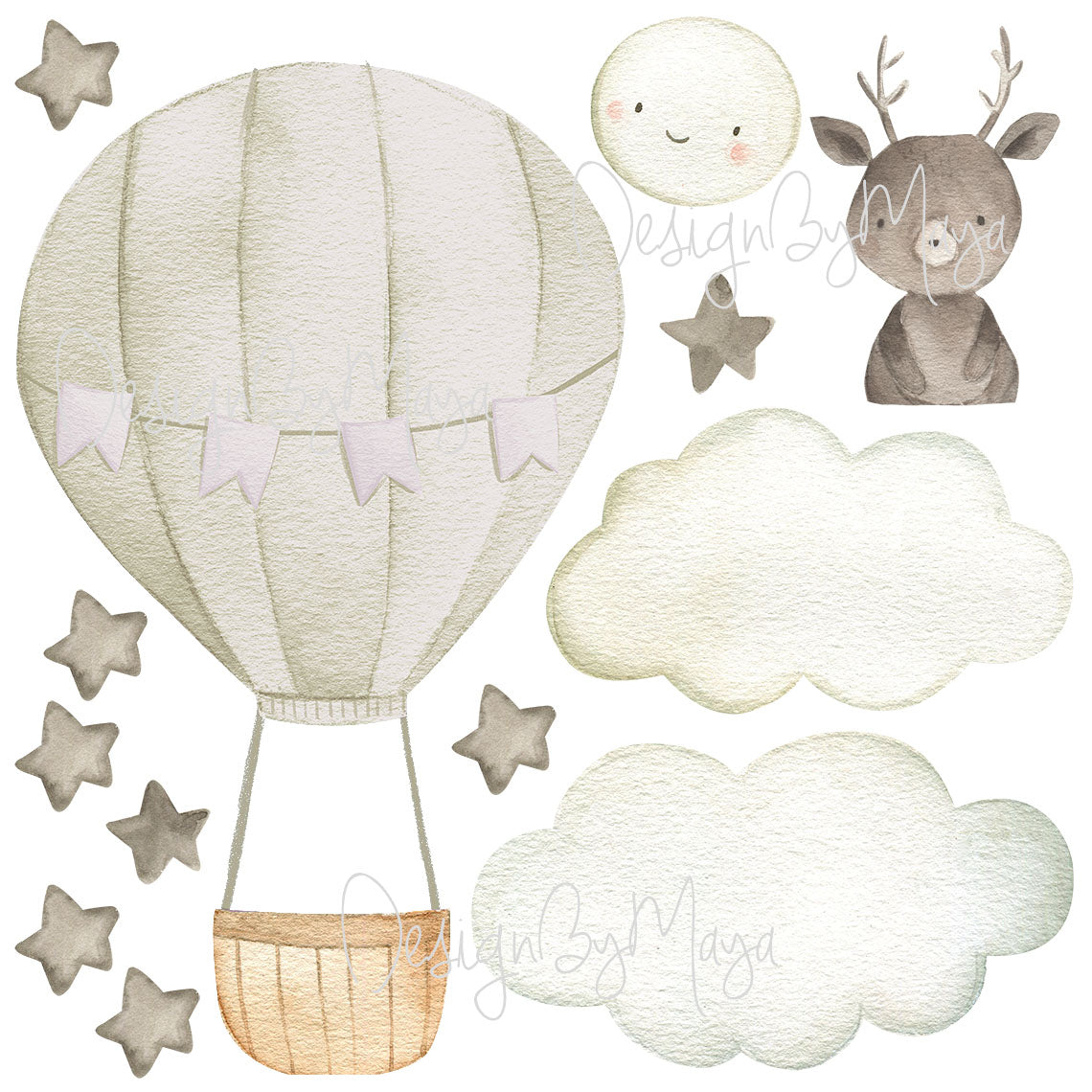Baby Animal Inside Hot Air Balloon - Fabric Nursery Wall Art Decals